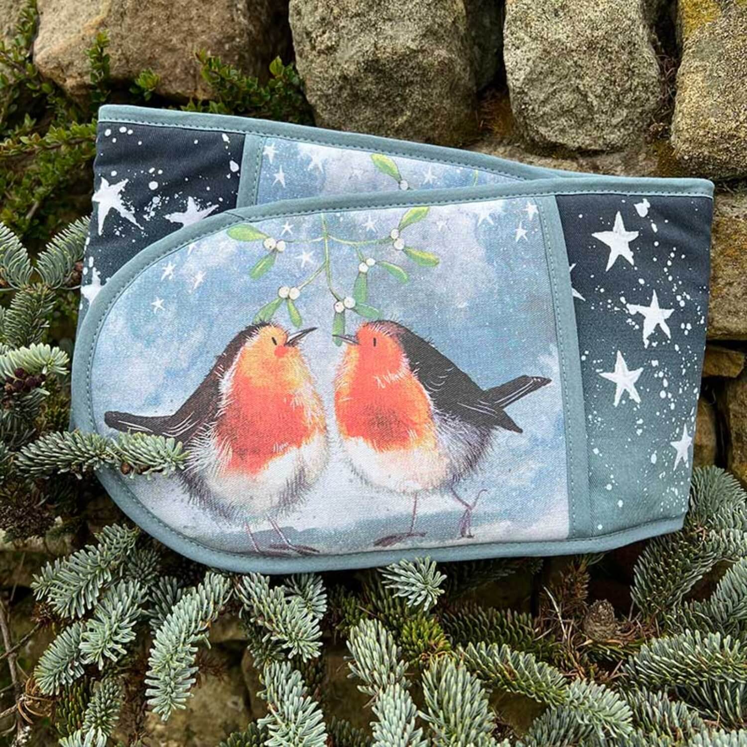 Alex Clark Christmas 100% Cotton Double Oven Gloves - Robins & Mistletoe - Image 2