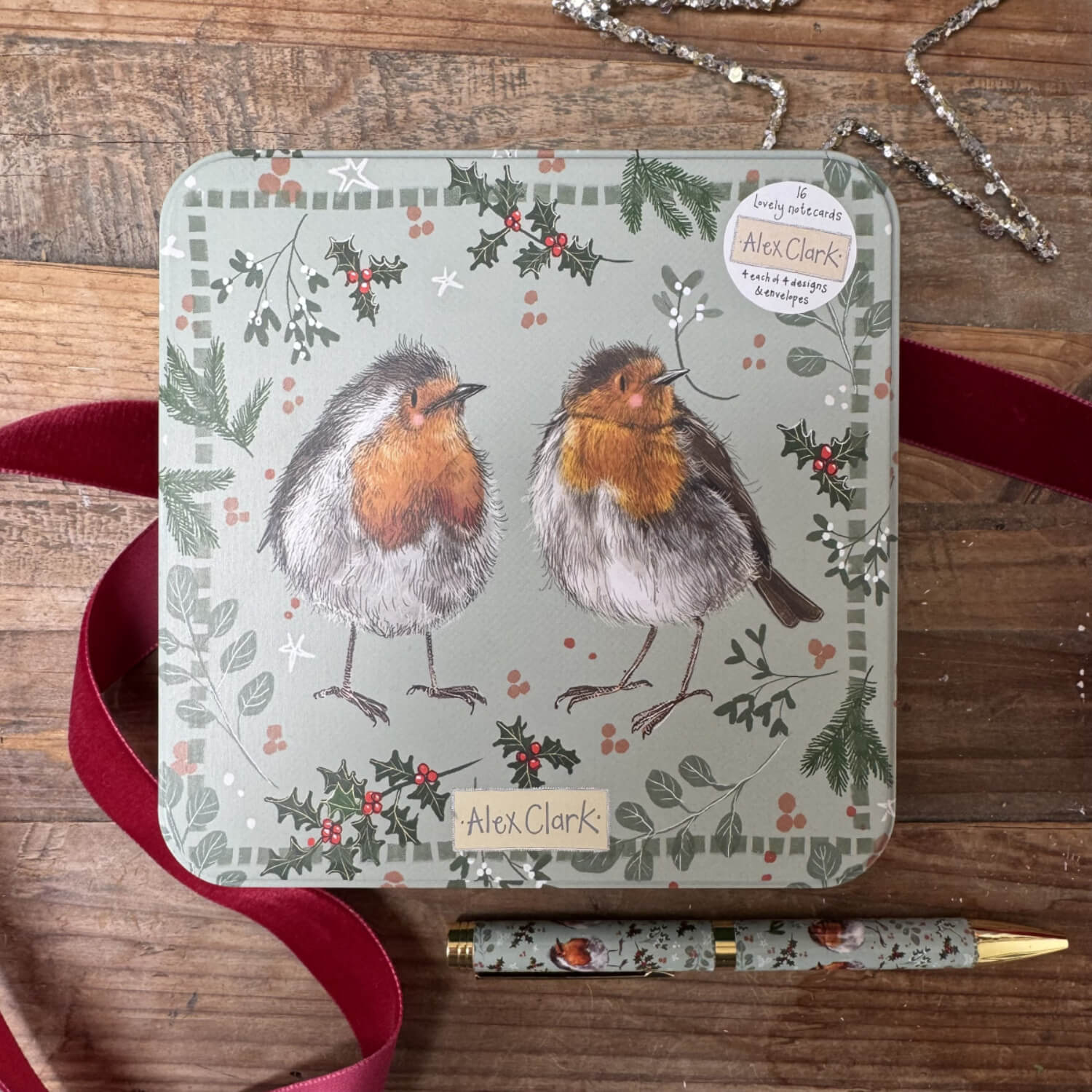 Alex Clark Christmas 16-Pack Notecard Tin - Christmas Robins - Image 2