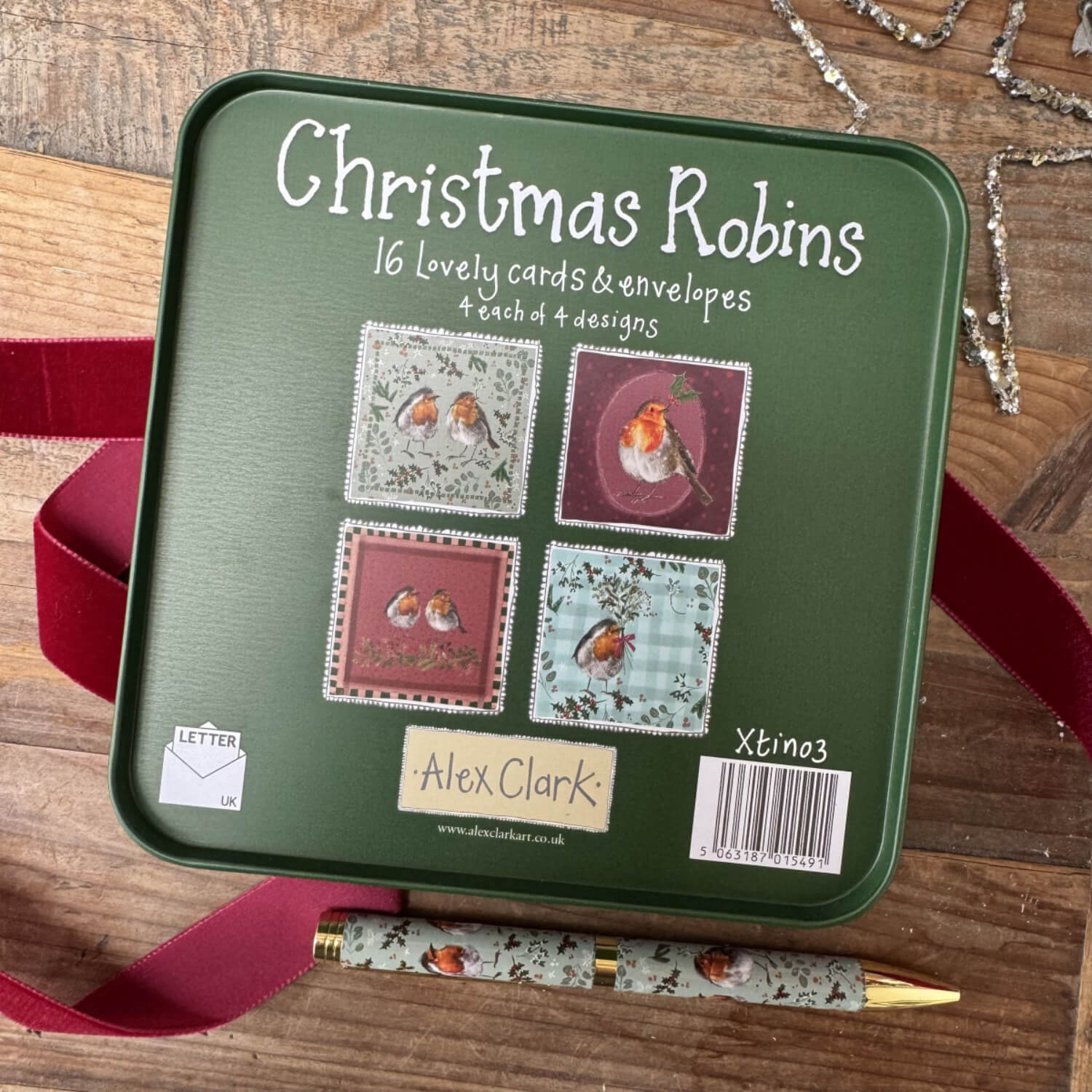 Alex Clark Christmas 16-Pack Notecard Tin - Christmas Robins - Image 3
