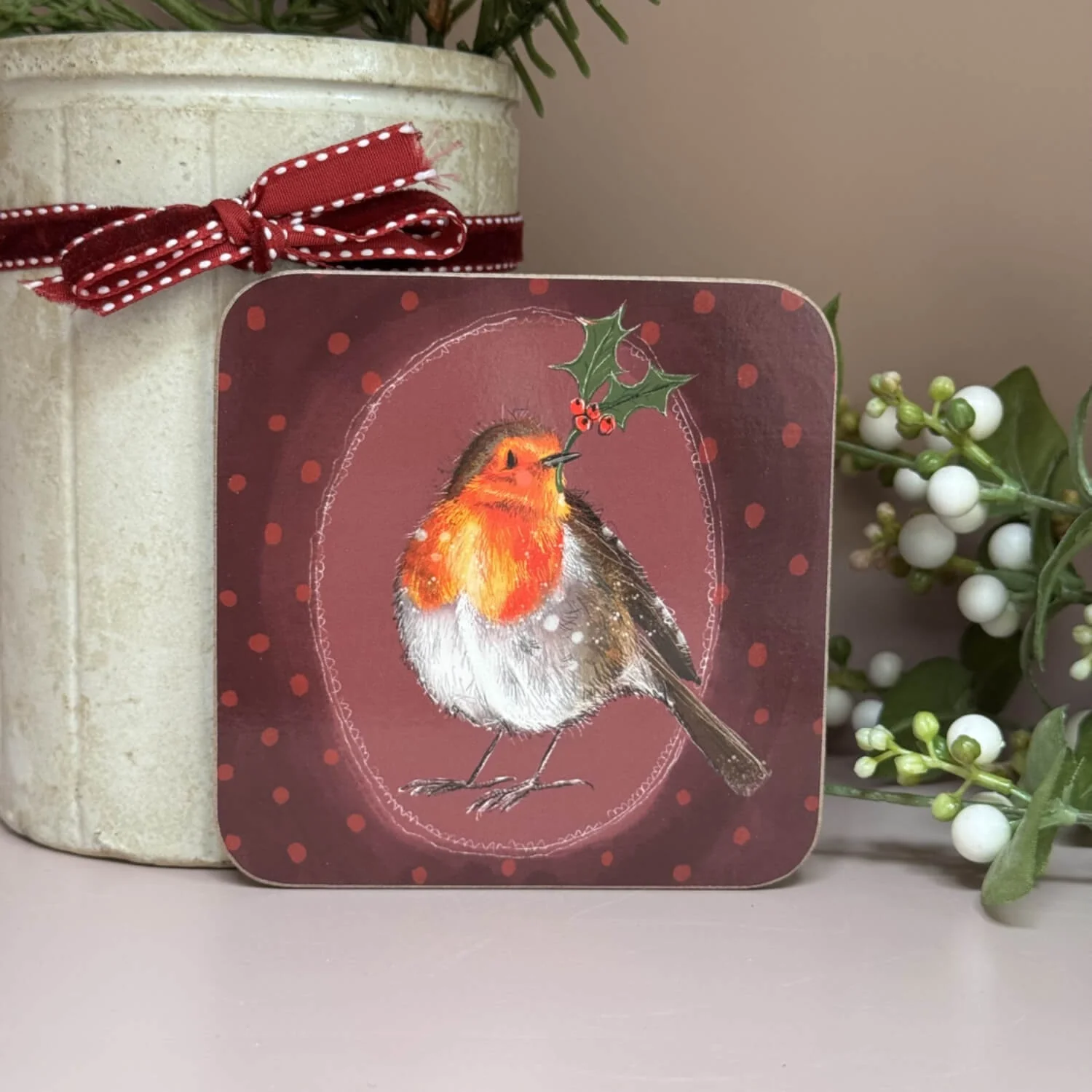 Alex Clark Christmas Coaster - Robin and Holly