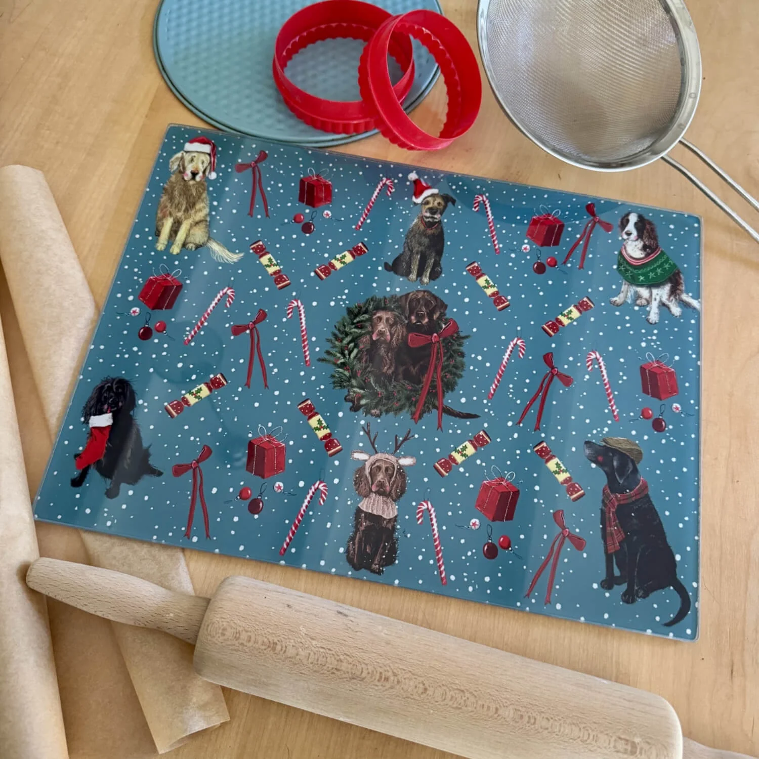 Alex Clark Christmas Glass Worktop Saver - Christmas Dogs