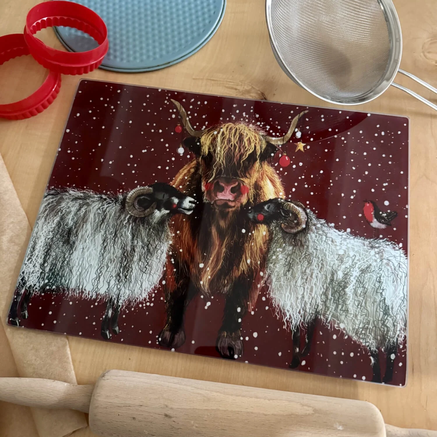 Alex Clark Christmas Glass Worktop Saver - Sheep & Highland Cow