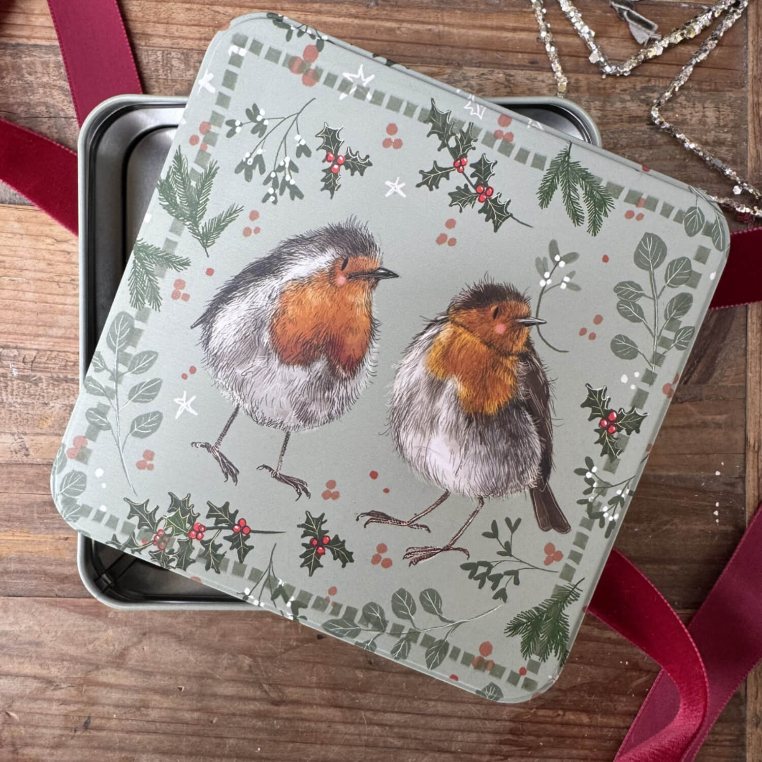 Alex Clark Christmas Large Square Tin - Christmas Robins - Image 2