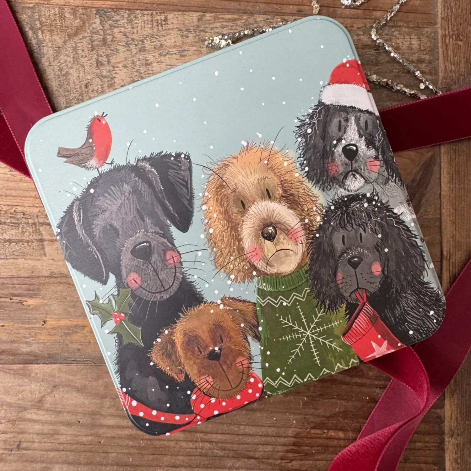 Alex Clark Christmas Large Square Tin - Festive Dogs