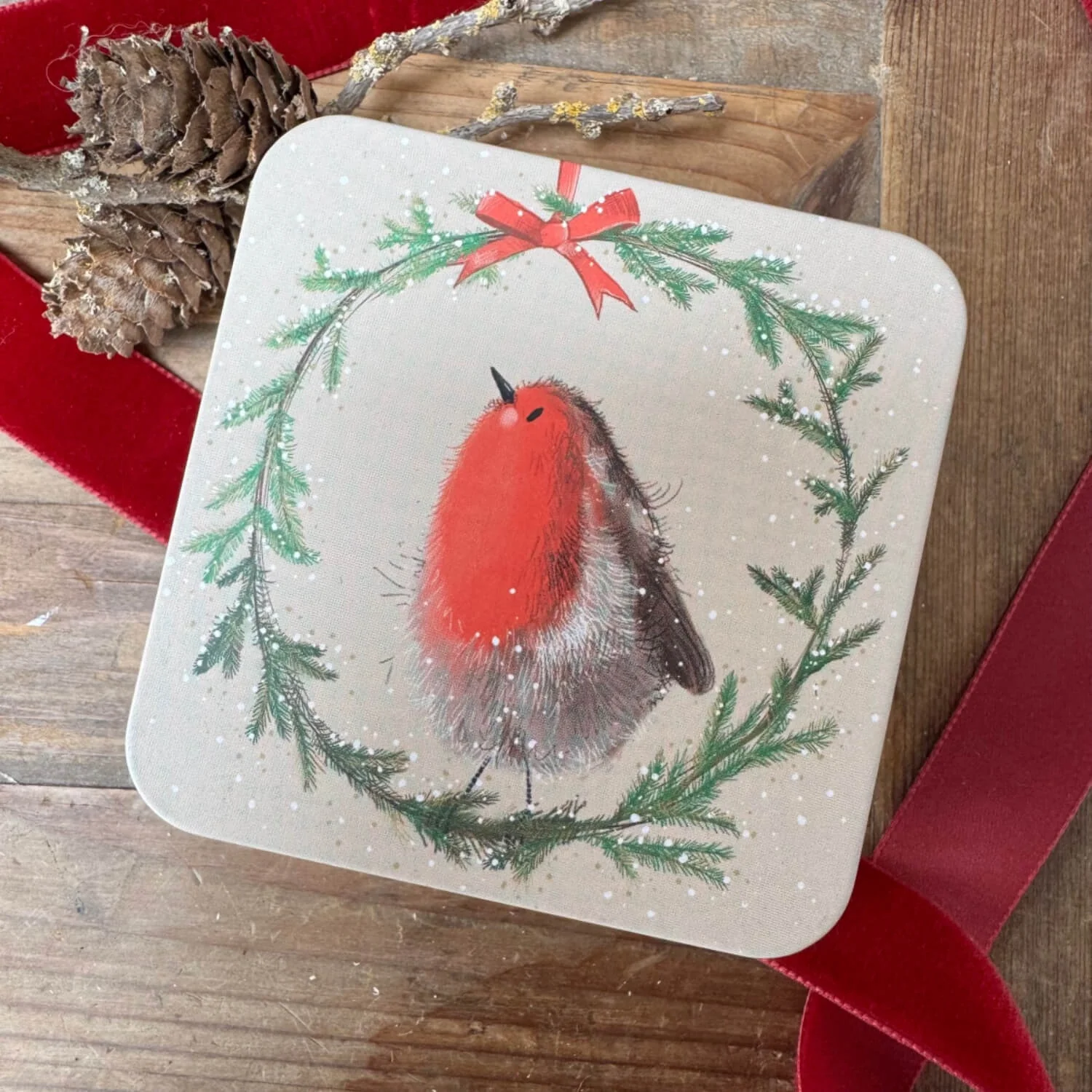 Alex Clark Christmas Medium Square Tin - Robin Wreath