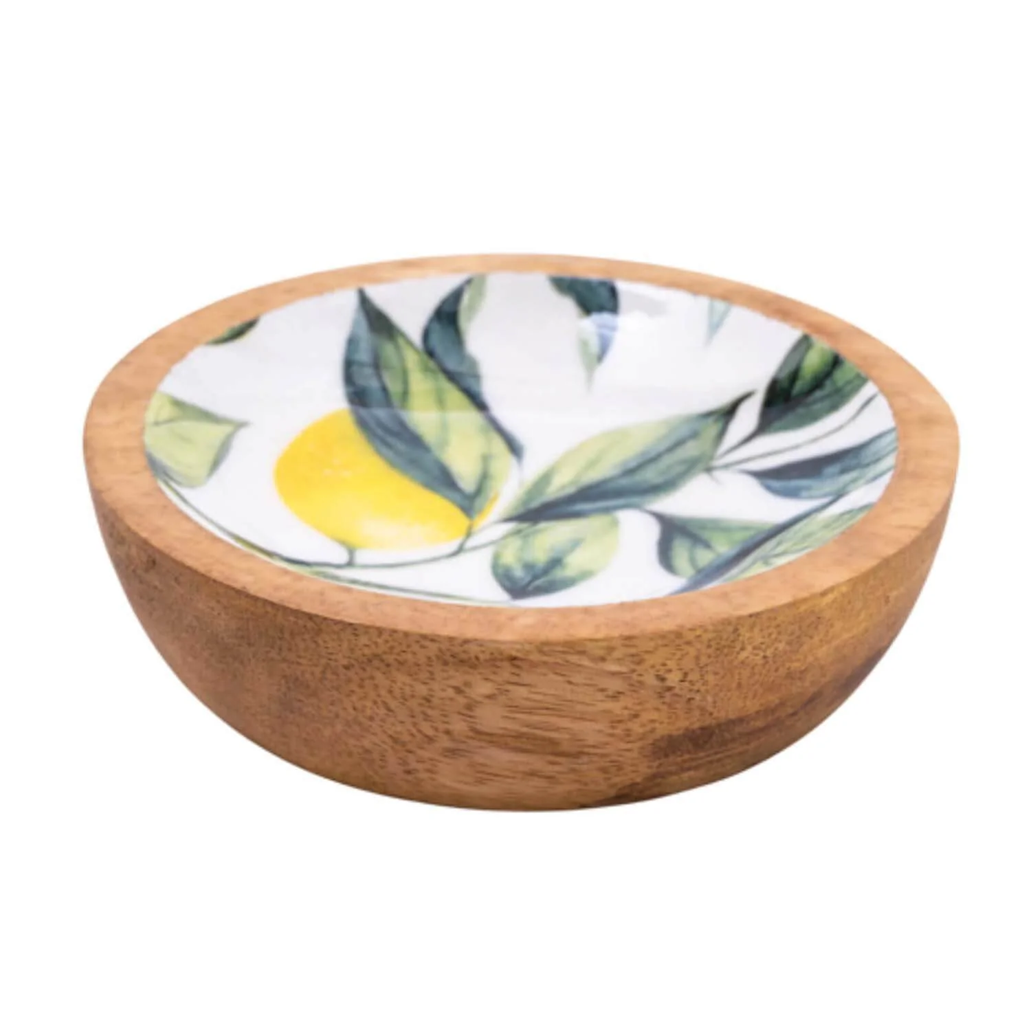 Candlelight 13cm Mango Wood Round Dish - Lemons & Leaves - White