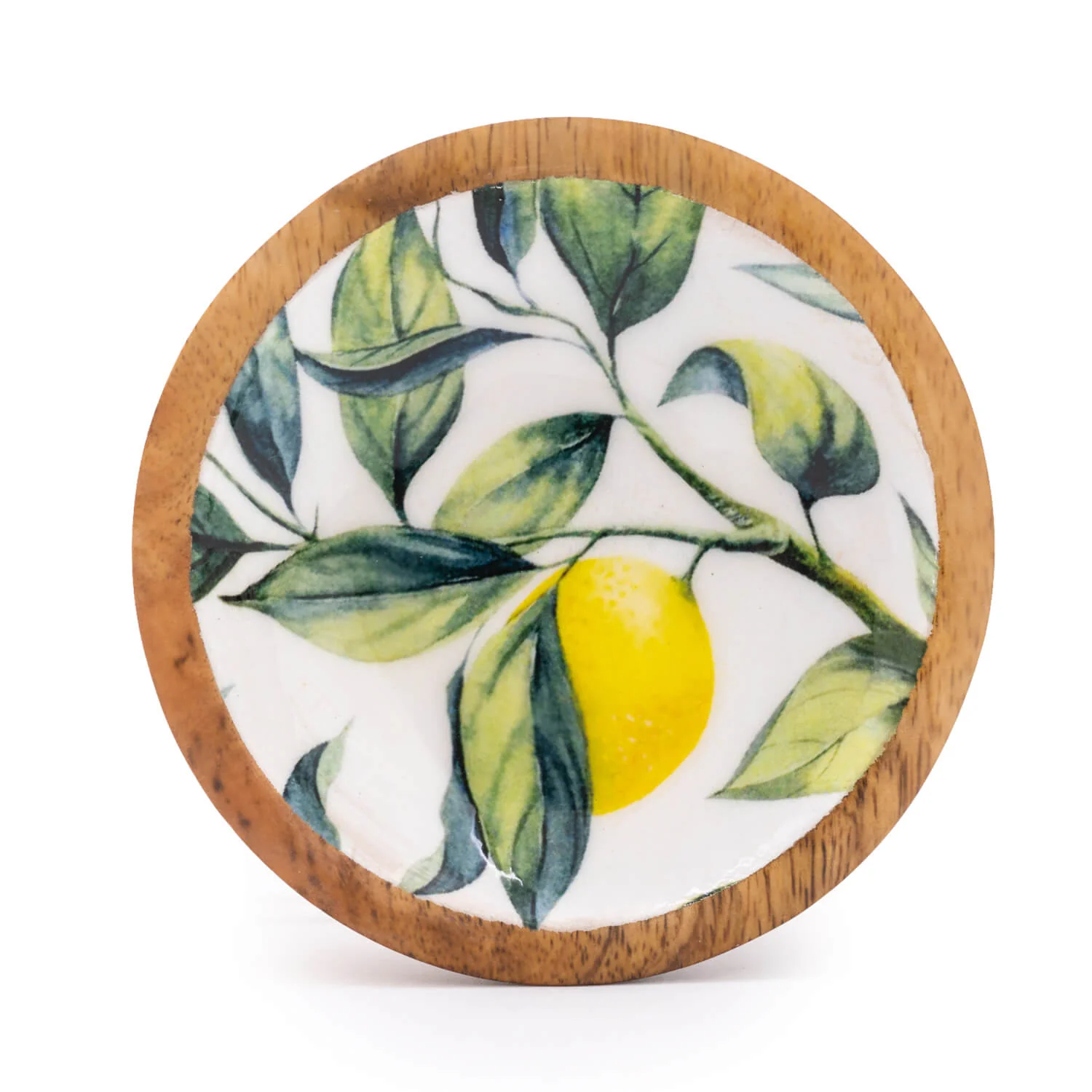 Candlelight 13cm Mango Wood Round Dish - Lemons & Leaves - White - Image 2