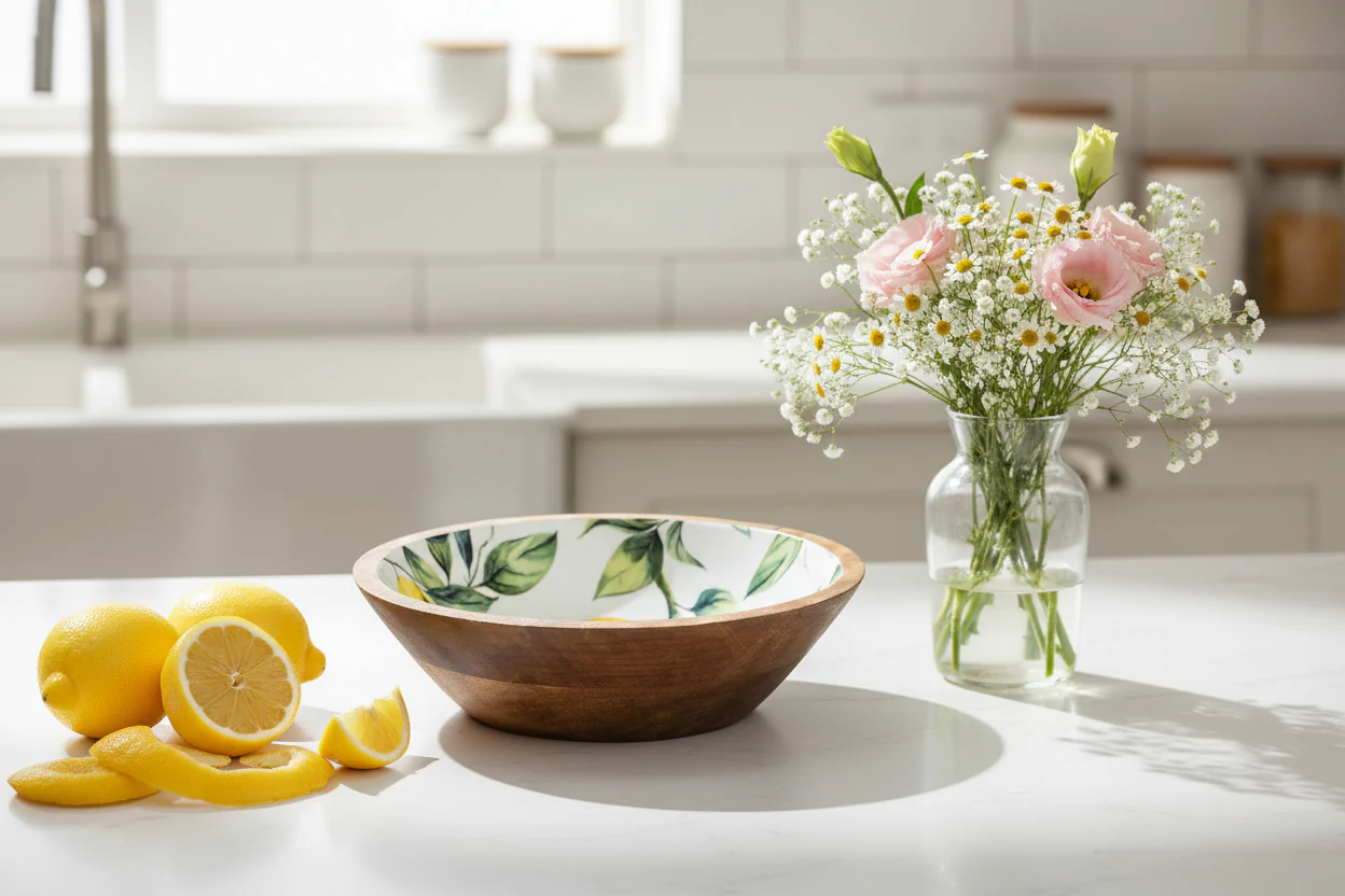 Candlelight 24cm Mango Wood Round Dish - Lemons & Leaves - White - Image 3