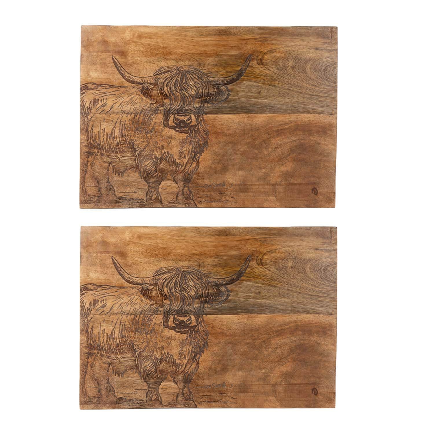 Candlelight Set Of 2 Mango Wood Placemats - Highland Cow