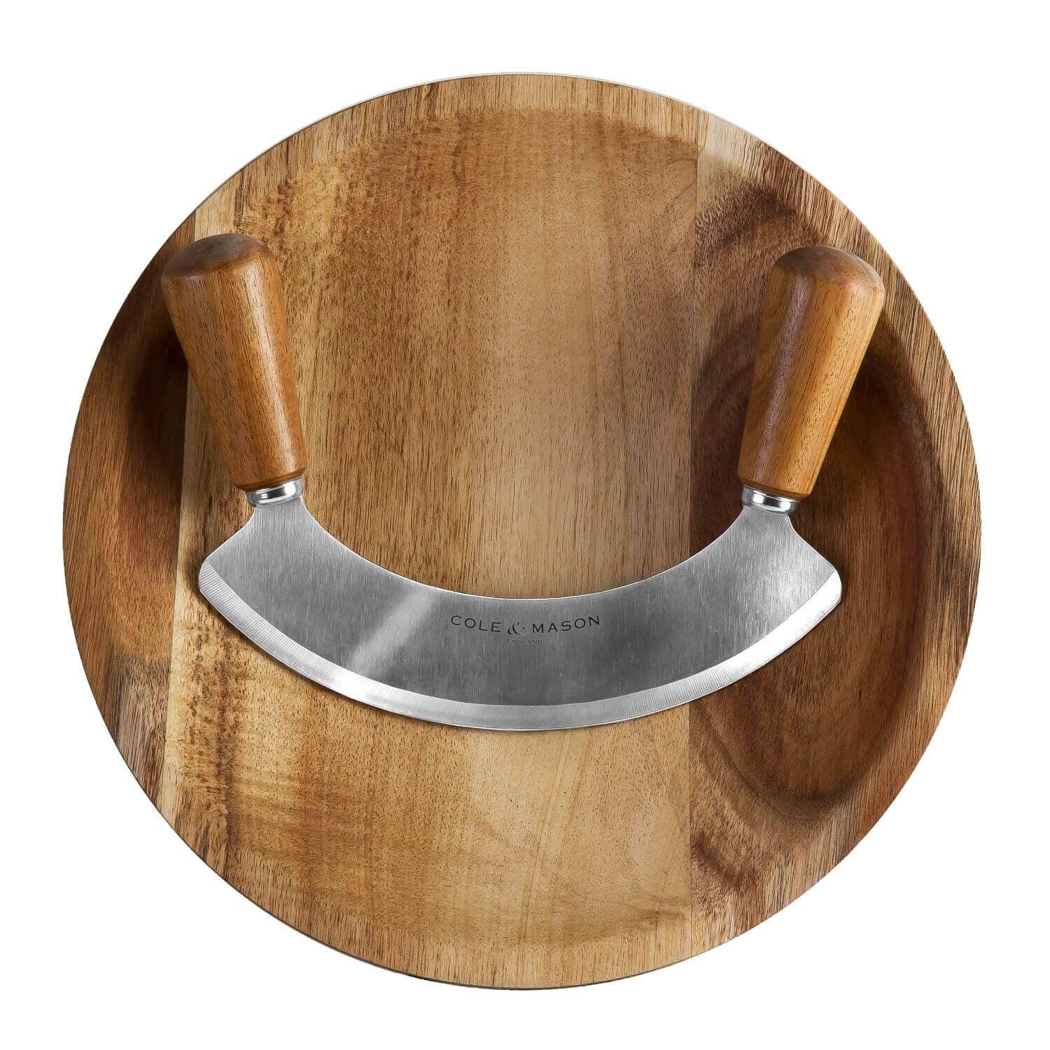 Cole & Mason Ashden Hachoir Mezzaluna Acacia Chopping Board