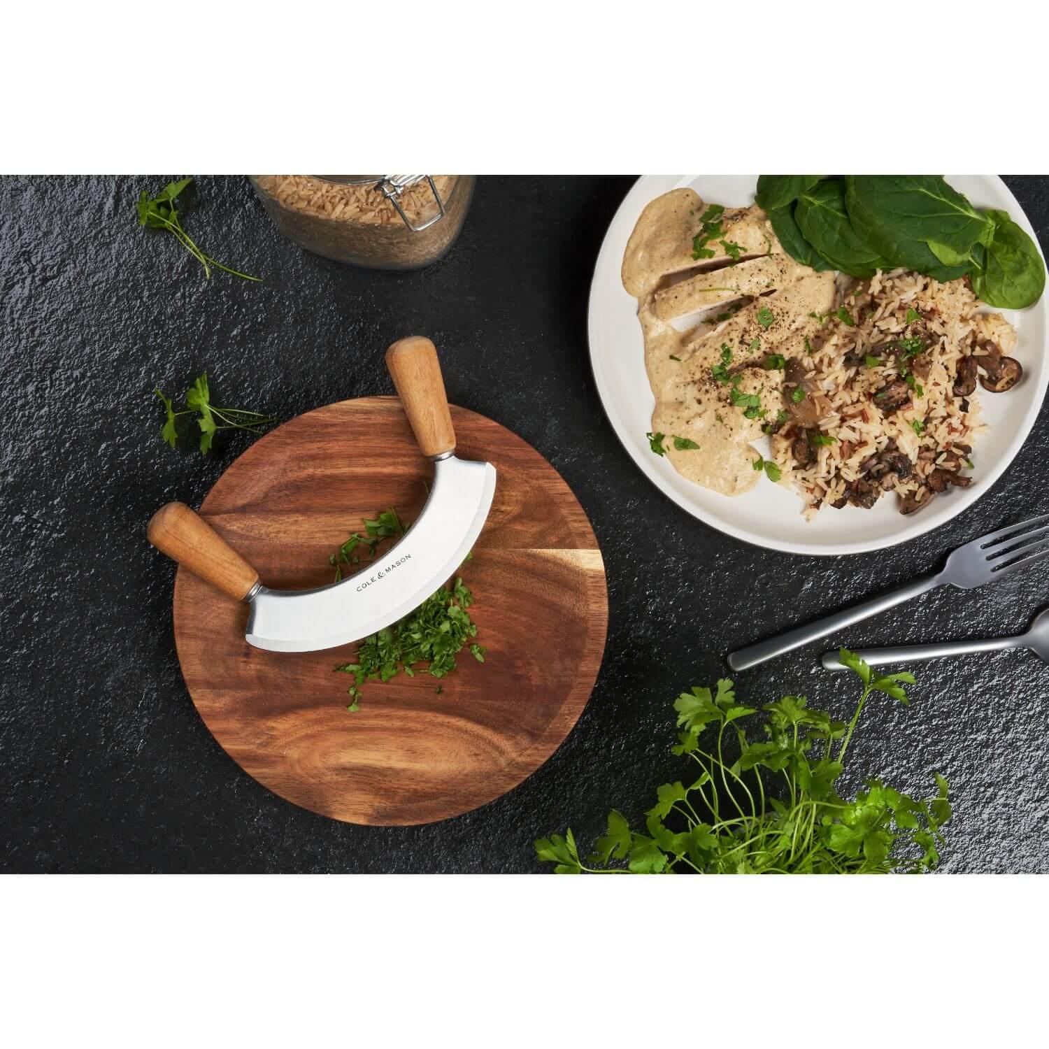 Cole & Mason Ashden Hachoir Mezzaluna Acacia Chopping Board - Image 9