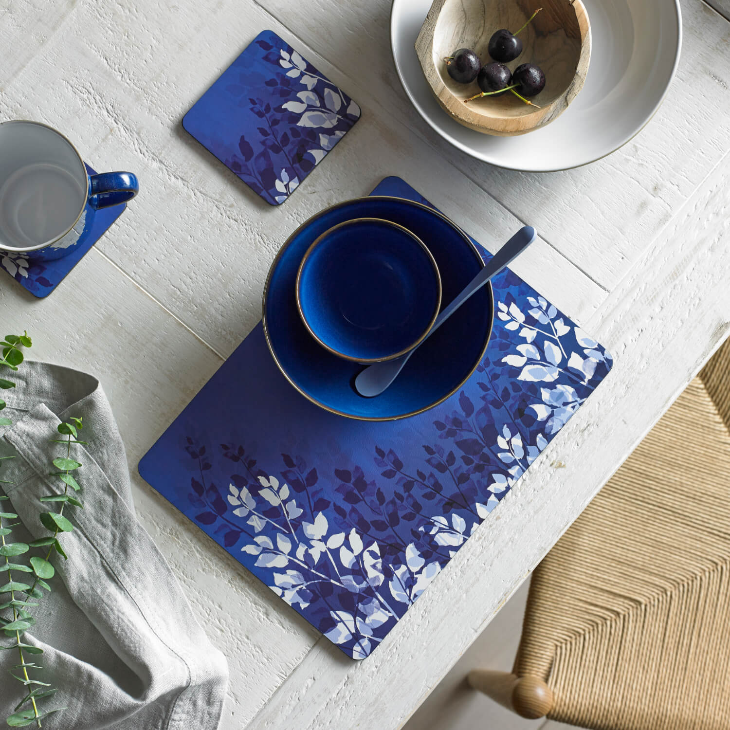 Denby Pottery Colours 12 Piece Placemat & Coaster Set - Blue Foliage - Image 5
