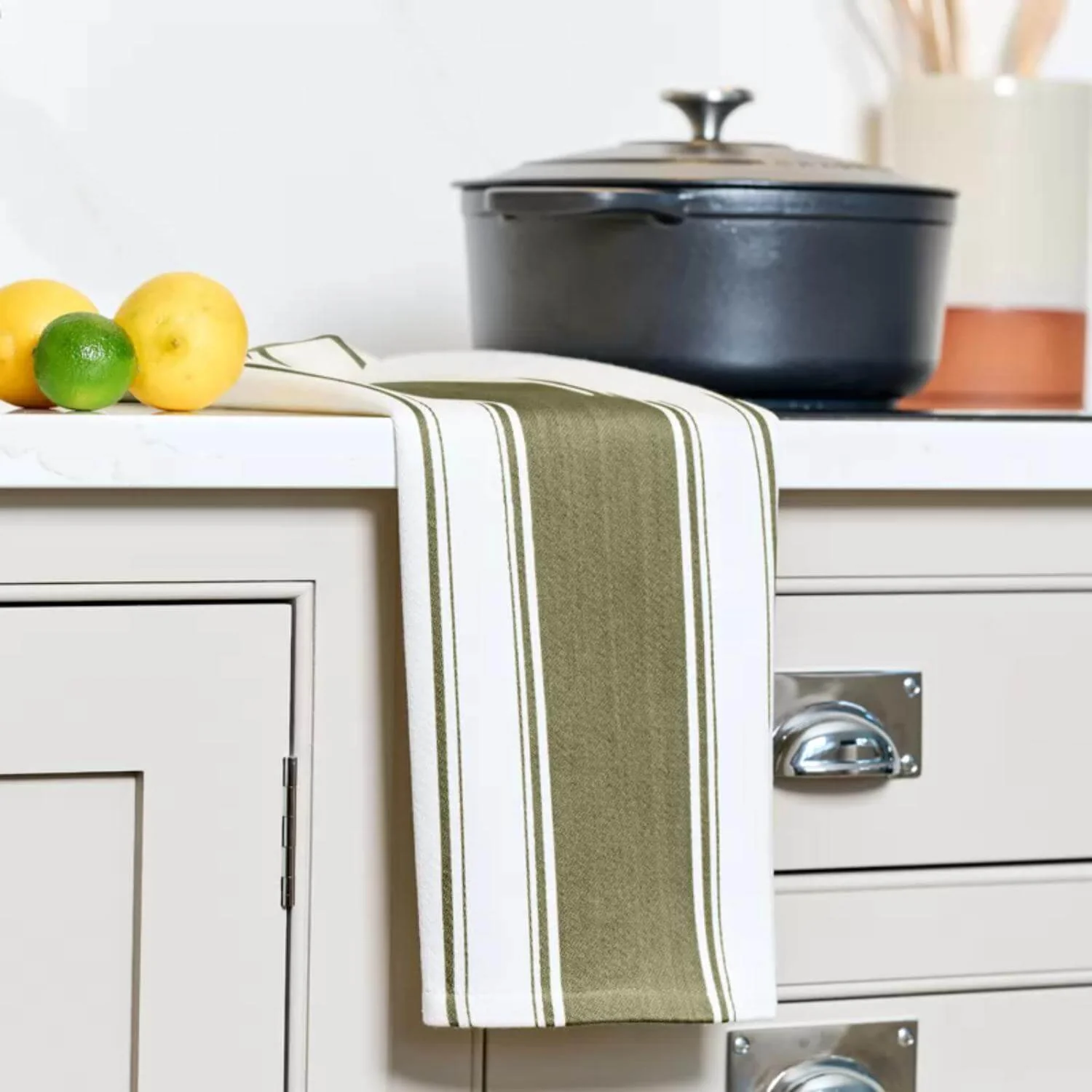 Dexam Love Colour Striped Cotton Tea Towel - Olive Green - Image 2