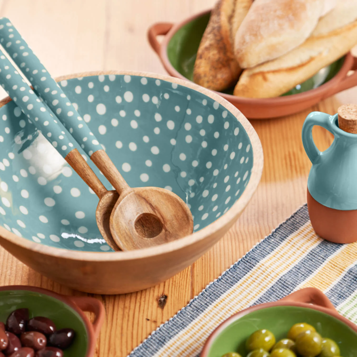 Dexam Sintra Mango Wood Spotted Salad Bowl - Duck Egg - Image 3
