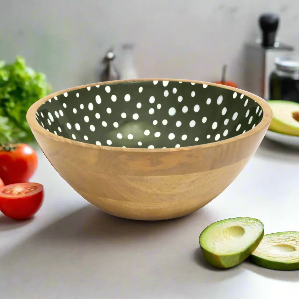 Dexam Sintra Mango Wood Spotted Salad Bowl - Olive Green - Image 2