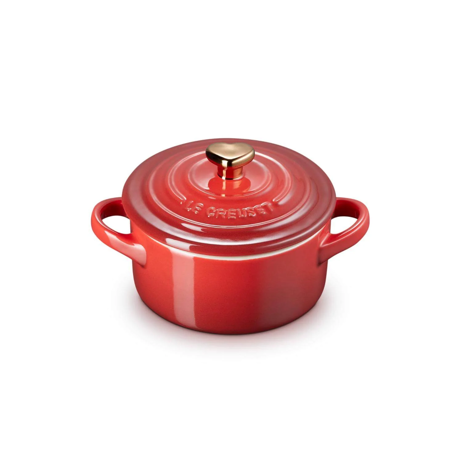 Le Creuset Stoneware Petite Round Casserole with Gold Heart Knob - Cerise