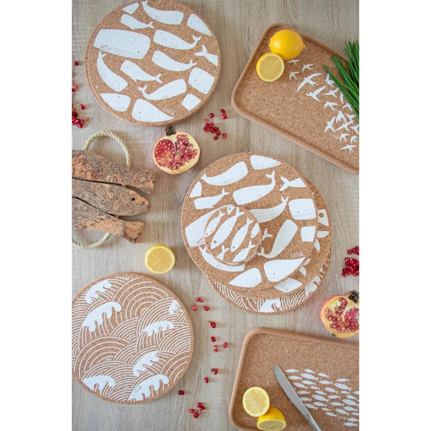 Liga Round Cork Coaster - Fish - White - Image 6