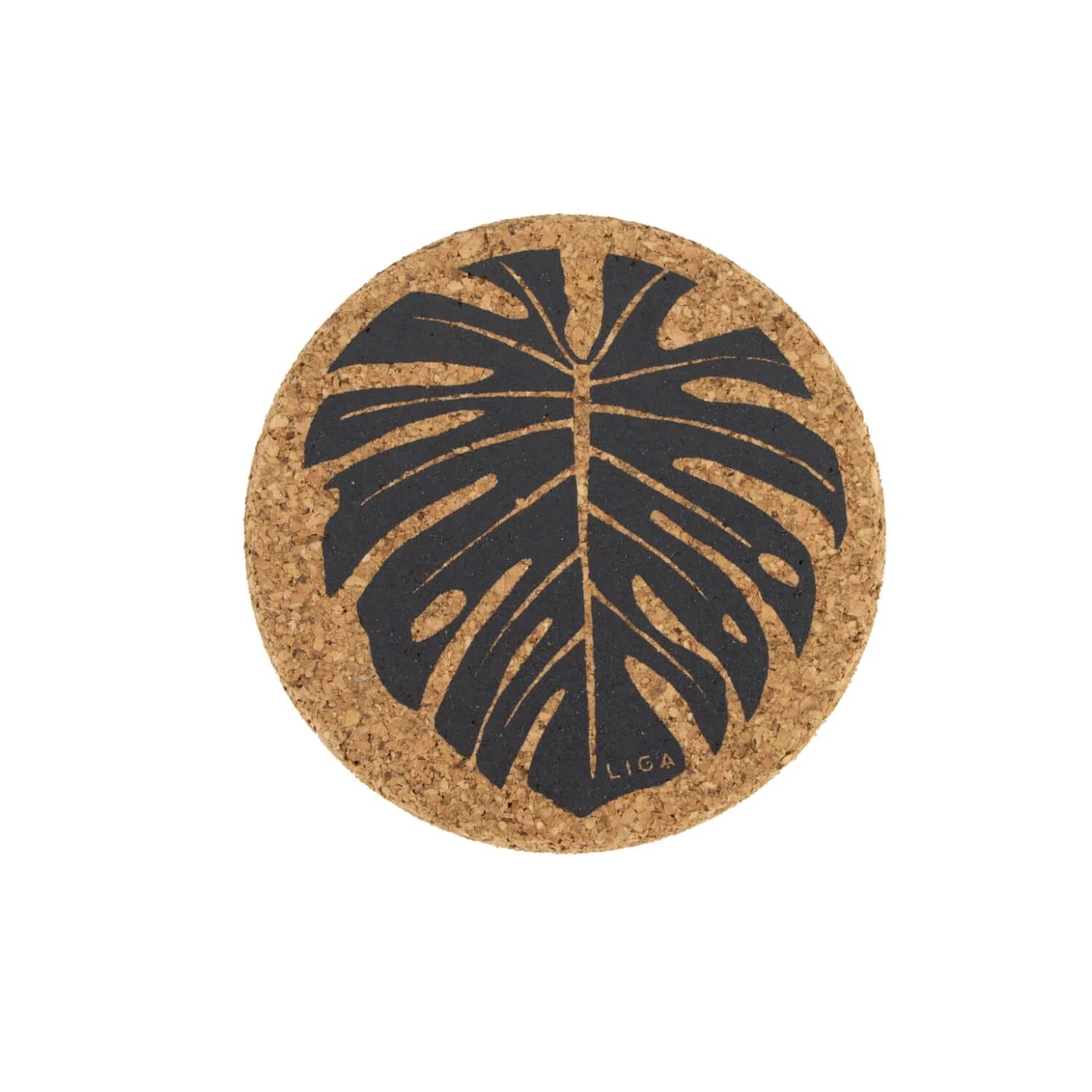 Liga Round Cork Coaster - Monstera - Grey