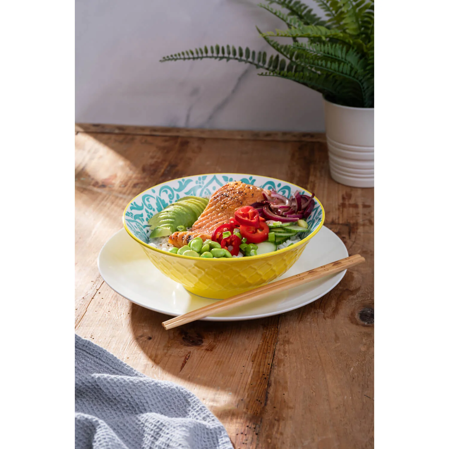 Mikasa 21cm Stoneware Ramen Bowl - Blue/Yellow Geometric - Image 5