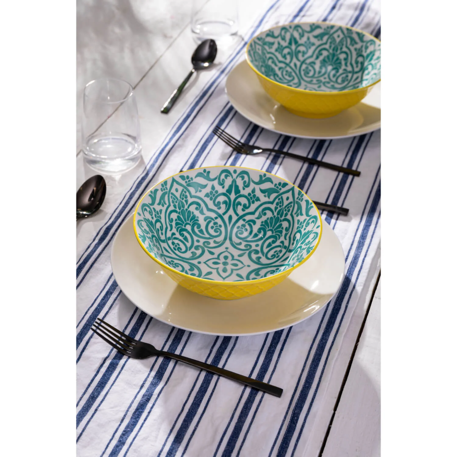 Mikasa 21cm Stoneware Ramen Bowl - Blue/Yellow Geometric - Image 7