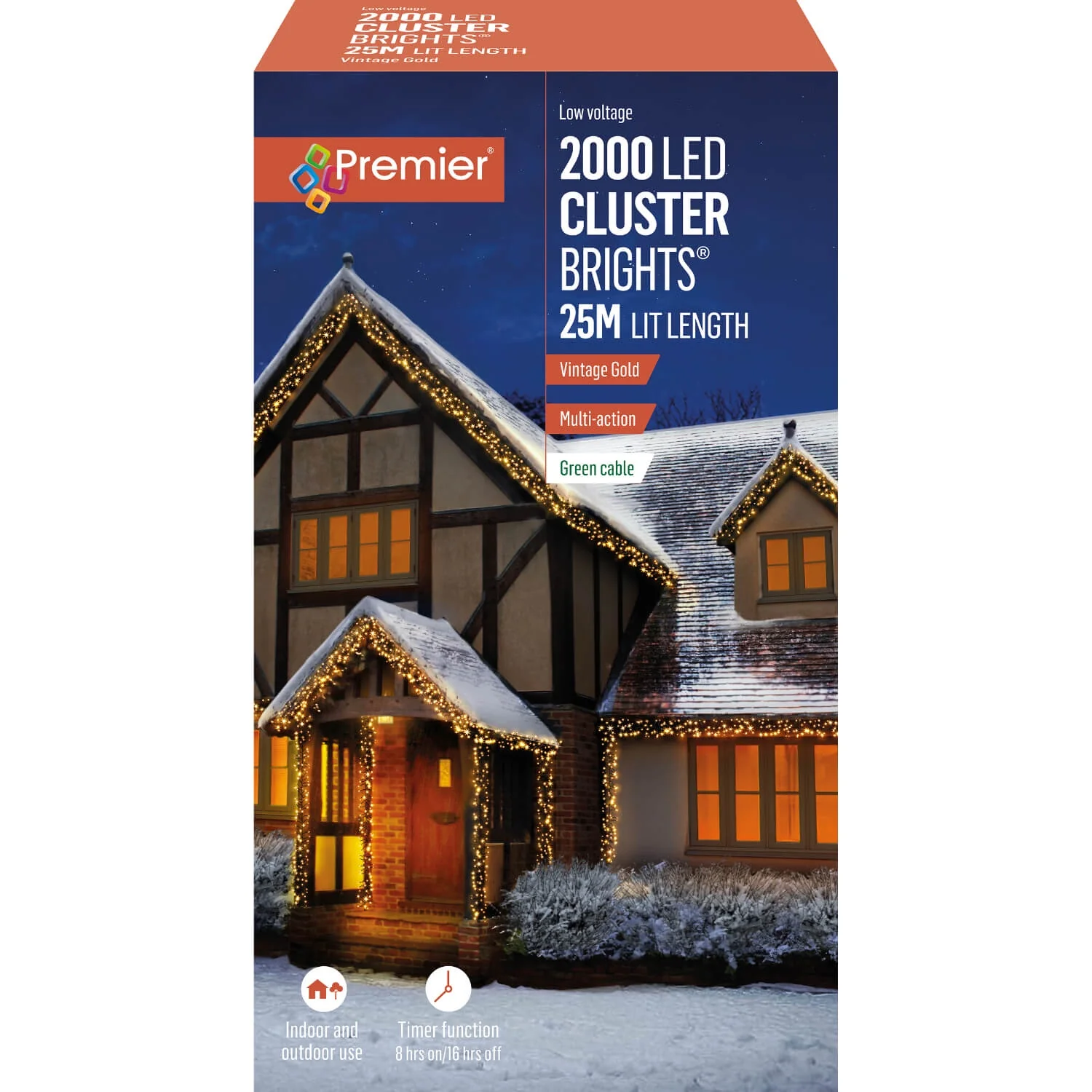 Premier Christmas Cluster Brights 25 Metre 2000 LED Lights - Vintage Gold