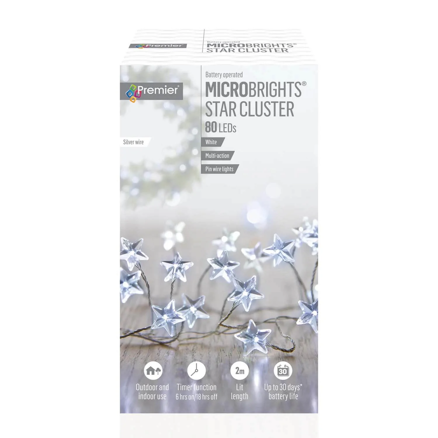 Premier Christmas Micro Brights 2 Metre 80 LED Star Cluster Lights - White