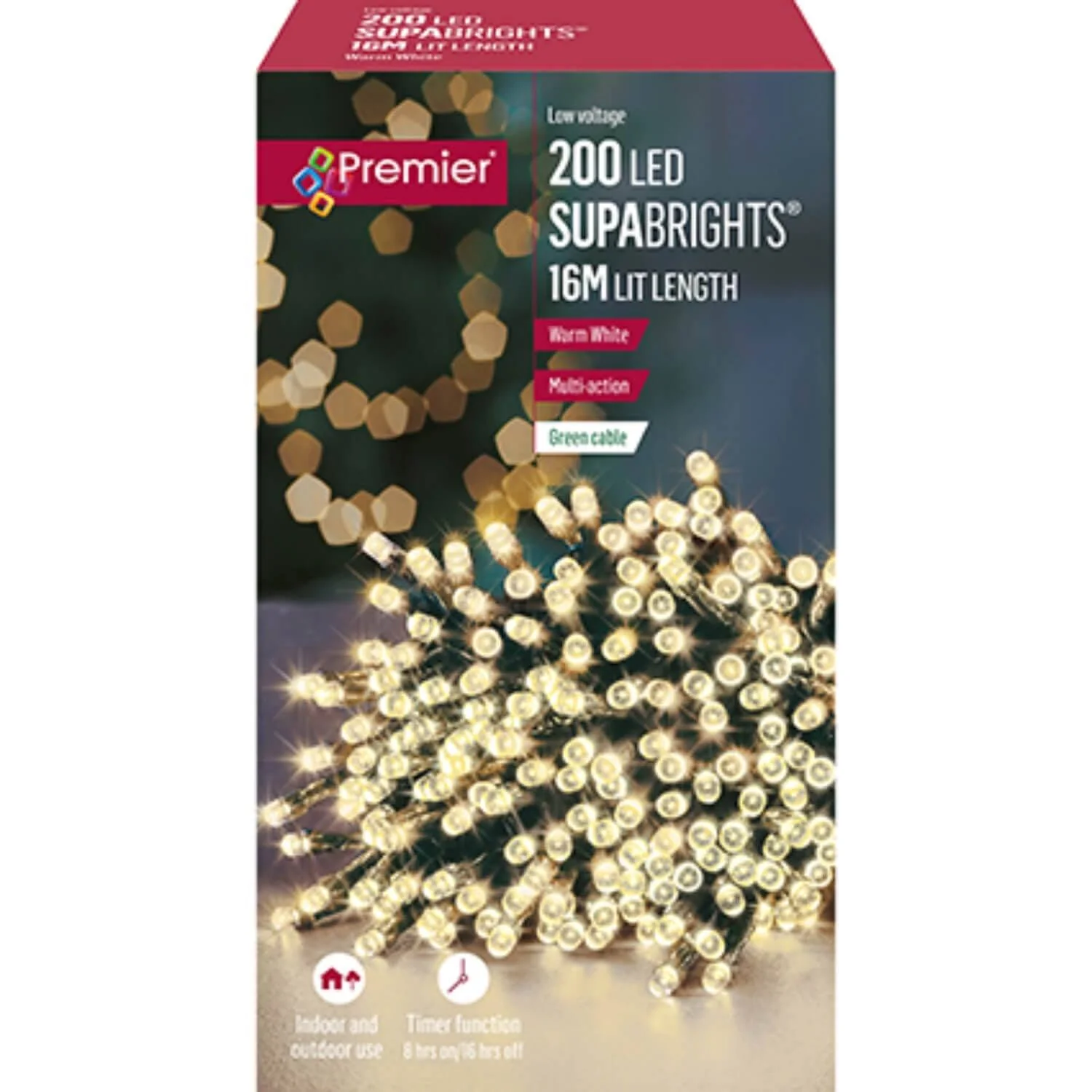 Premier Christmas Supa Brights 16 Metre 200 LED Lights - Warm White