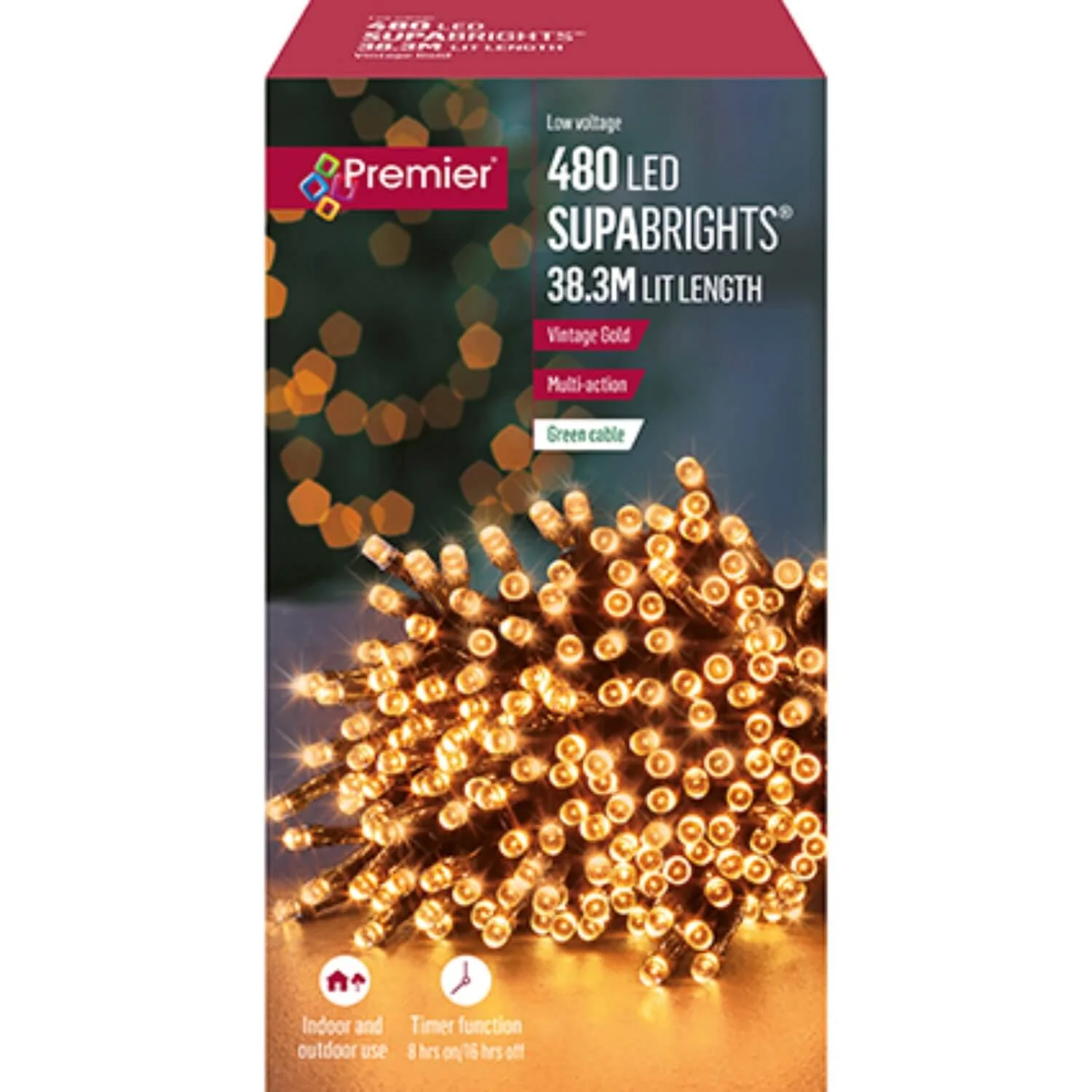 Premier Christmas Supa Brights 38.3 Metre 480 LED Lights - Gold