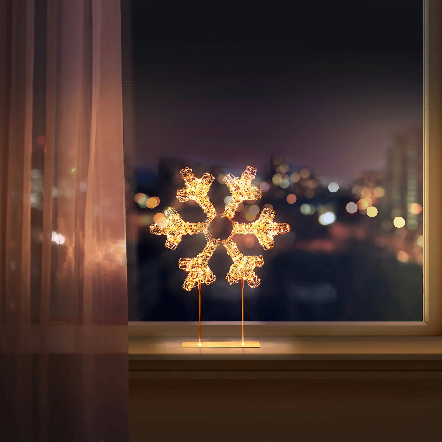 Premier Lit 45cm 720 LED Rose Gold Table Top Snowflake With Timer - Warm White - Image 4