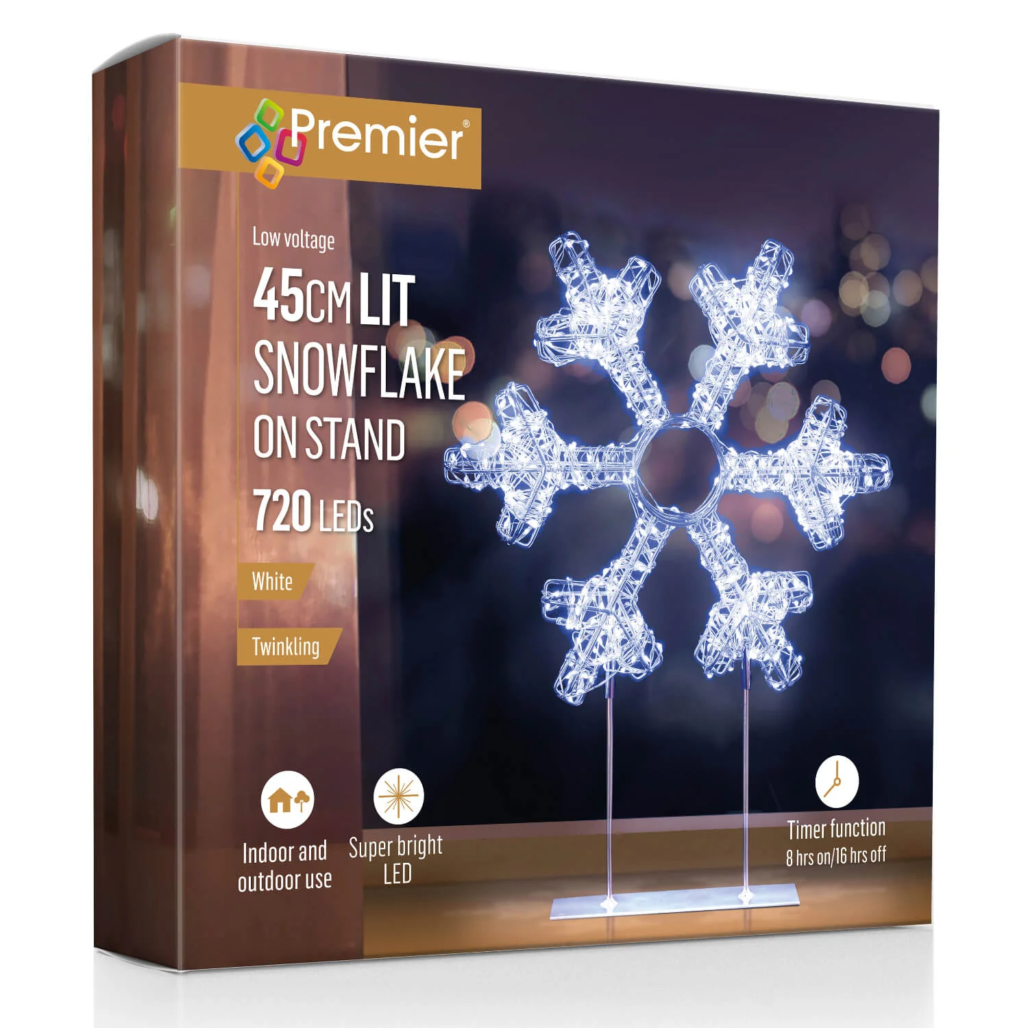 Premier Lit 45cm 720 LED Silver Table Top Snowflake With Timer - White - Image 2
