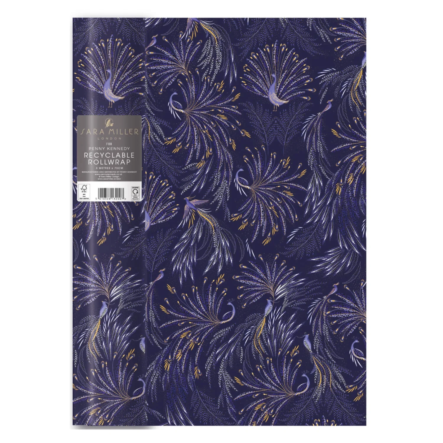 Sara Miller London 3 Metre Recyclable Gift Wrap Roll - Peacock Parade - Deep Indigo