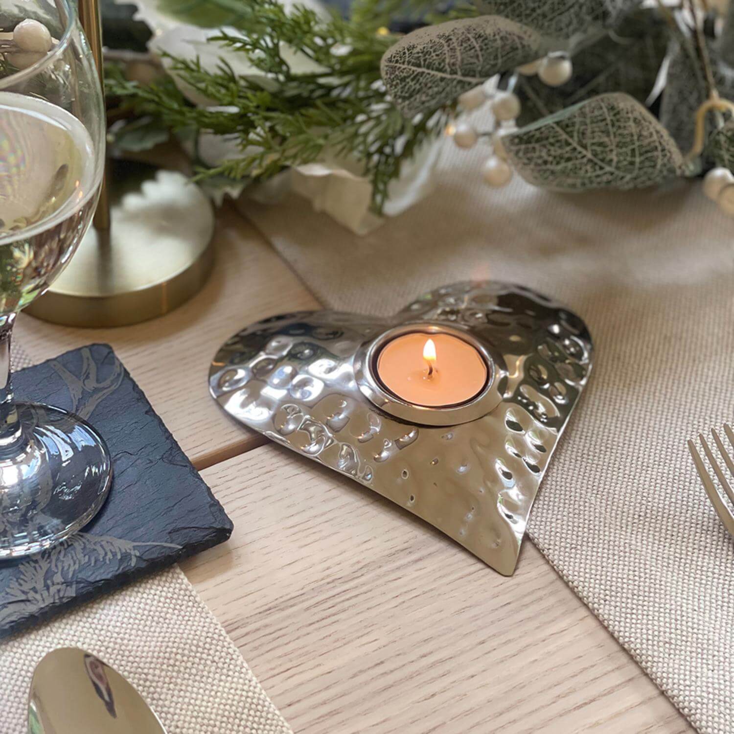 Selbrae House Hand Hammered Stainless Steel Heart Tea Light Holder - Silver - Image 3