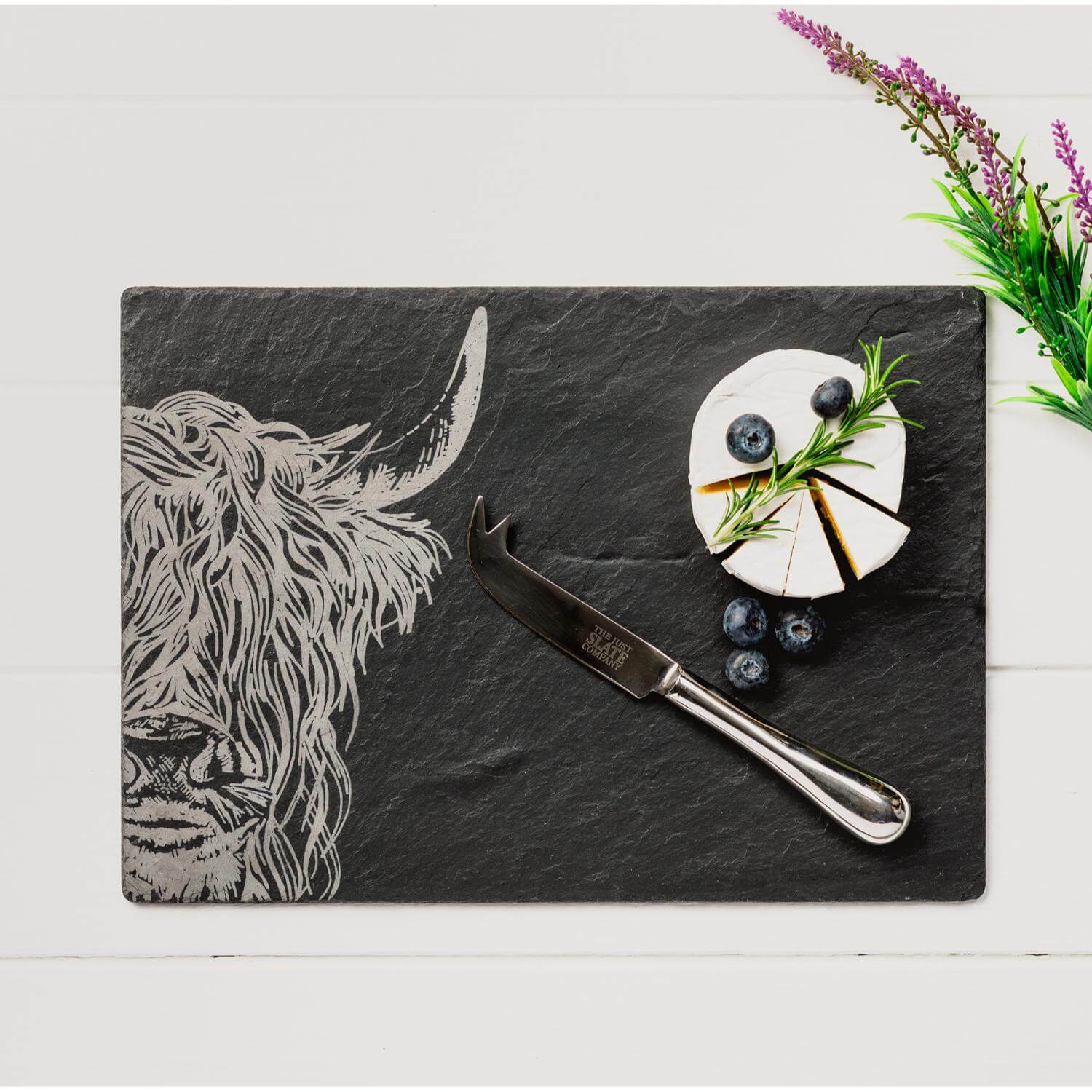 Selbrae House Slate Cheese Board & Knife Set - Highland Cow - Image 3