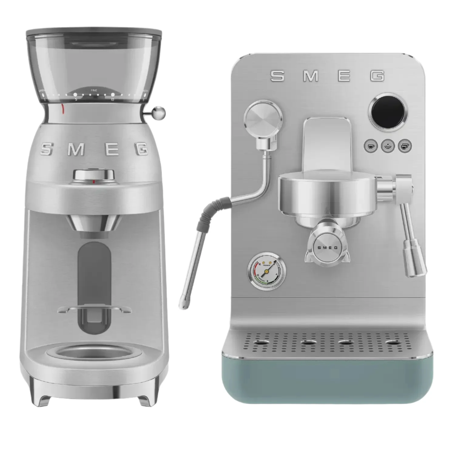 Smeg EMC02 Mini Pro Espresso Coffee Machine & CGF02 Stainless Steel Coffee Grinder - Matte Emerald Green