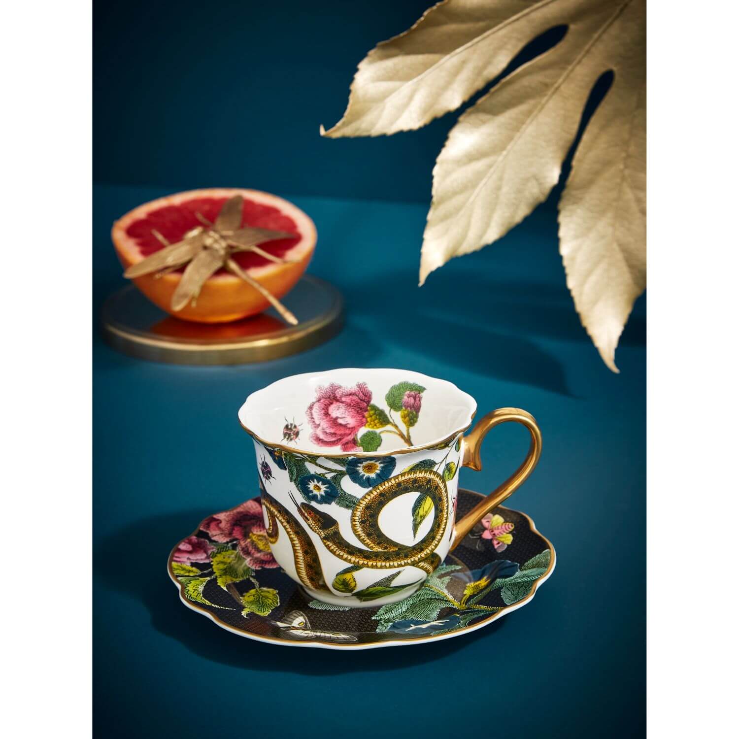 Spode Creatures of Curiosity Fluted Cup & Saucer - Dark Floral/Snake - Image 6