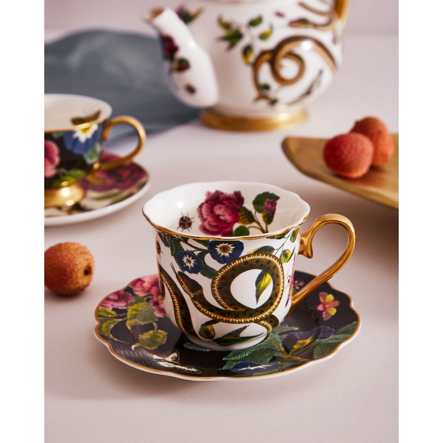 Spode Creatures of Curiosity Fluted Cup & Saucer - Dark Floral/Snake - Image 7