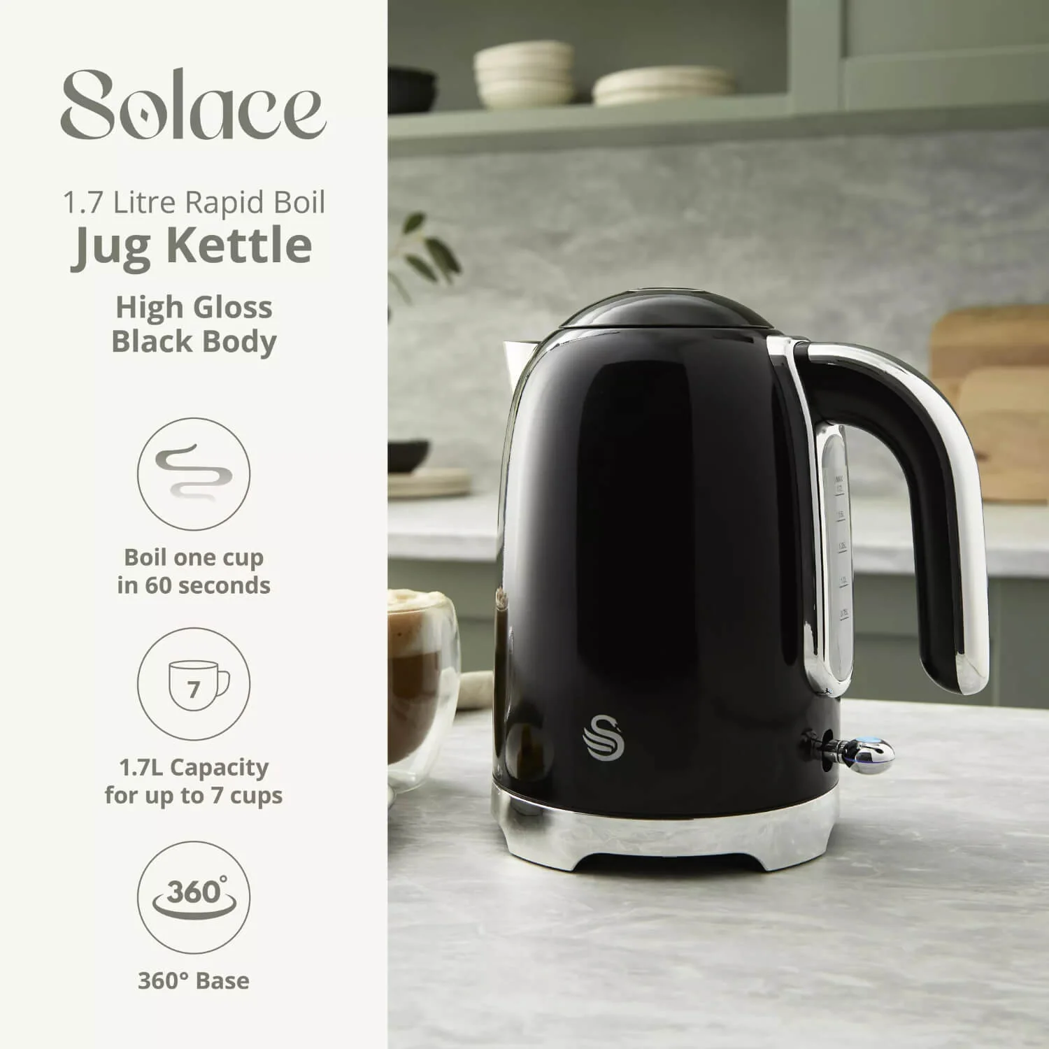 Swan Solace 1.7 Litre Stainless Steel Jug Kettle - Gloss Black - Image 2