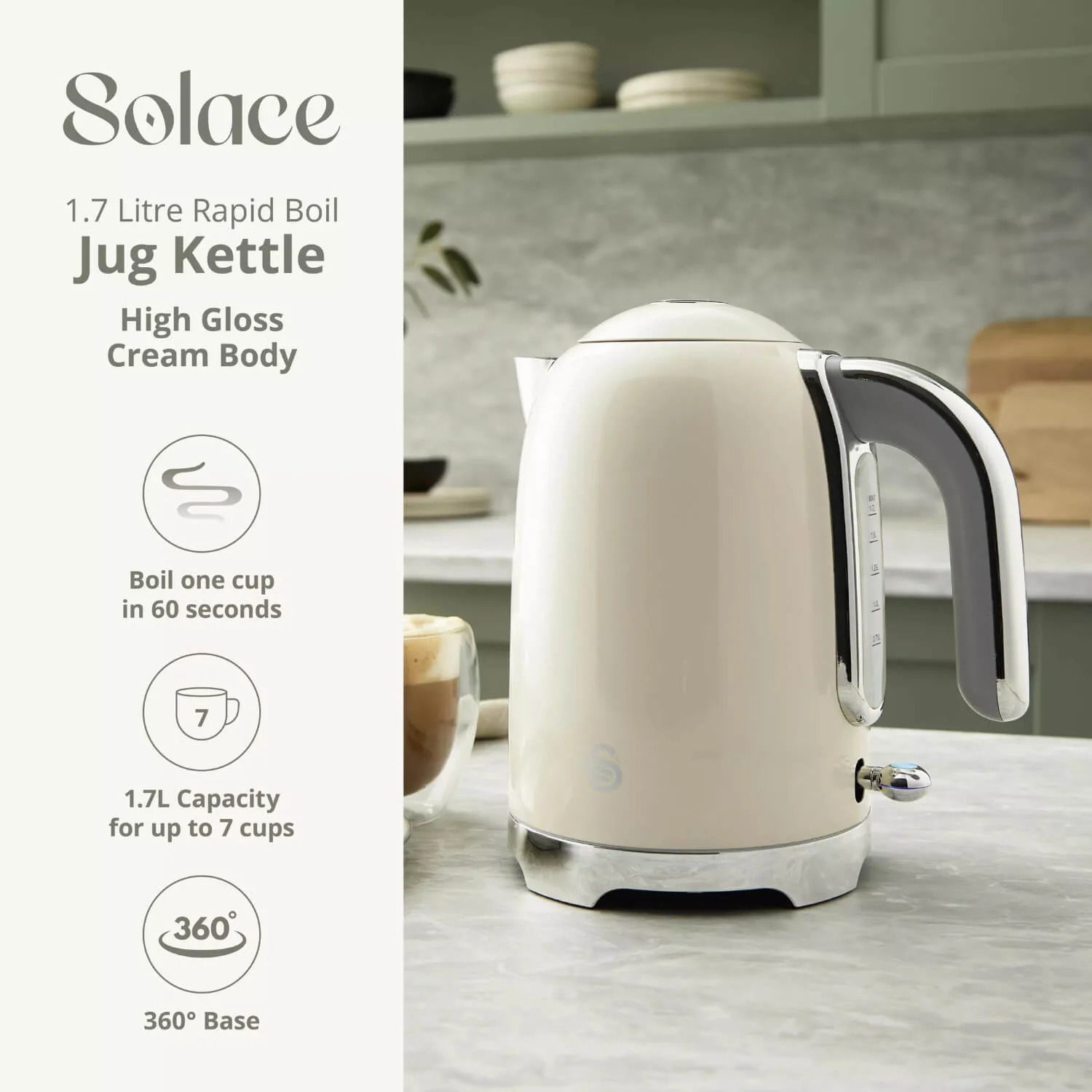 Swan Solace 1.7 Litre Stainless Steel Jug Kettle - Gloss Cream - Image 2