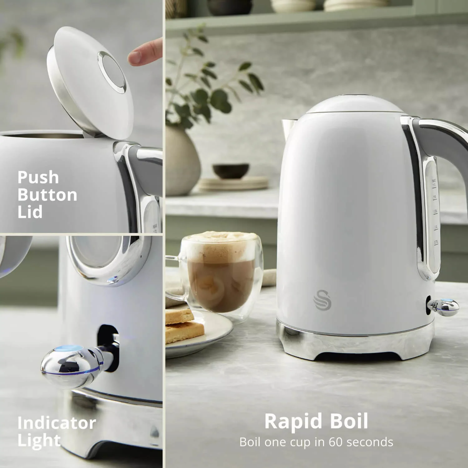 Swan Solace 1.7 Litre Stainless Steel Jug Kettle - Gloss White - Image 3