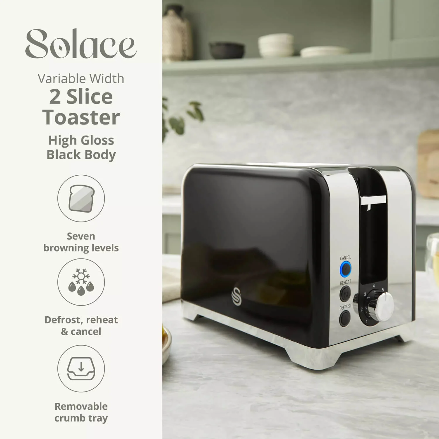 Swan Solace 2-Slice Stainless Steel Toaster - Gloss Black - Image 3