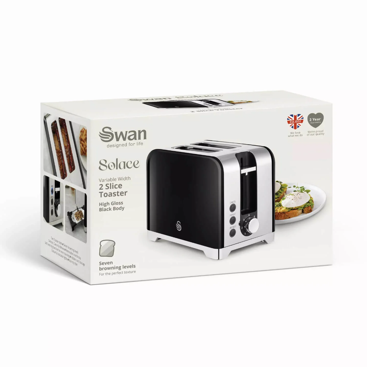 Swan Solace 2-Slice Stainless Steel Toaster - Gloss Black - Image 7