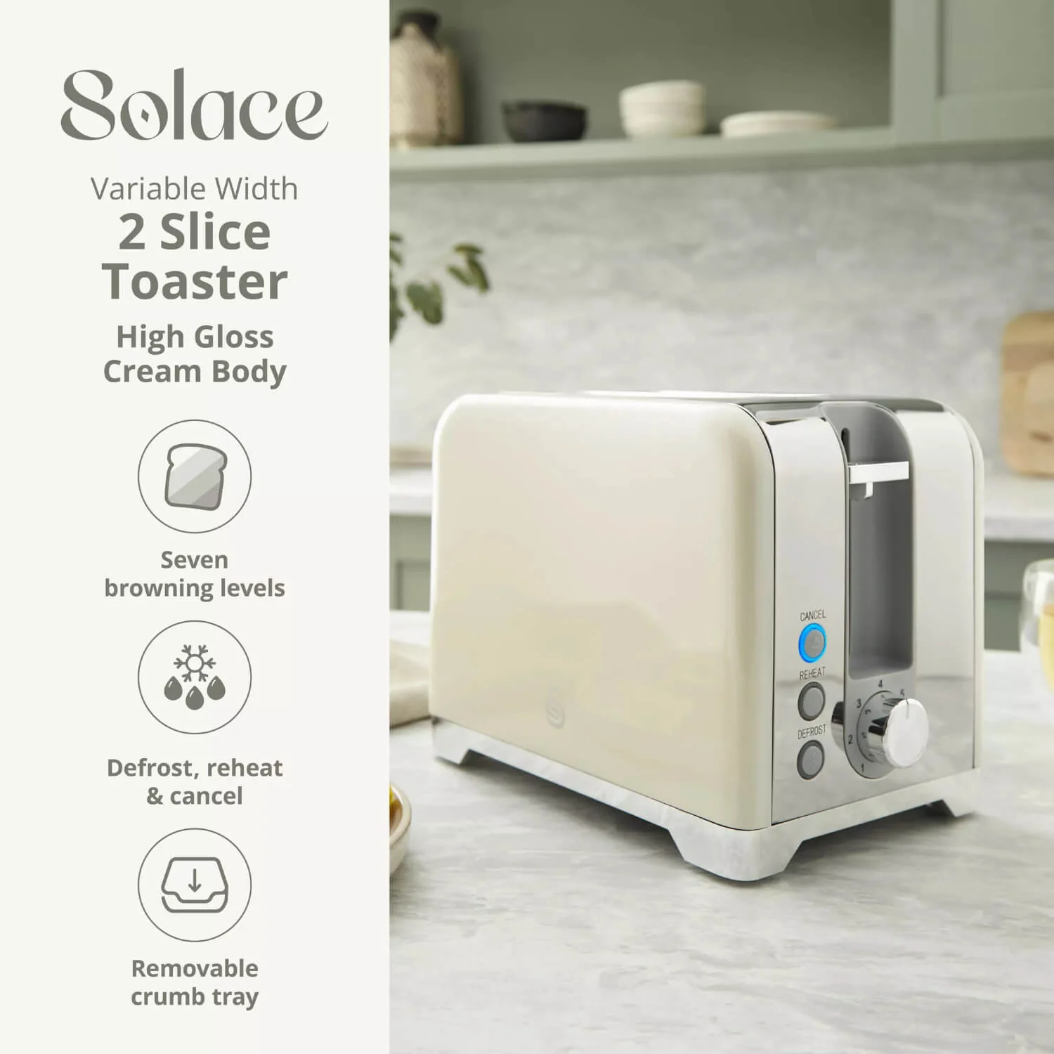 Swan Solace 2-Slice Stainless Steel Toaster - Gloss Cream - Image 3