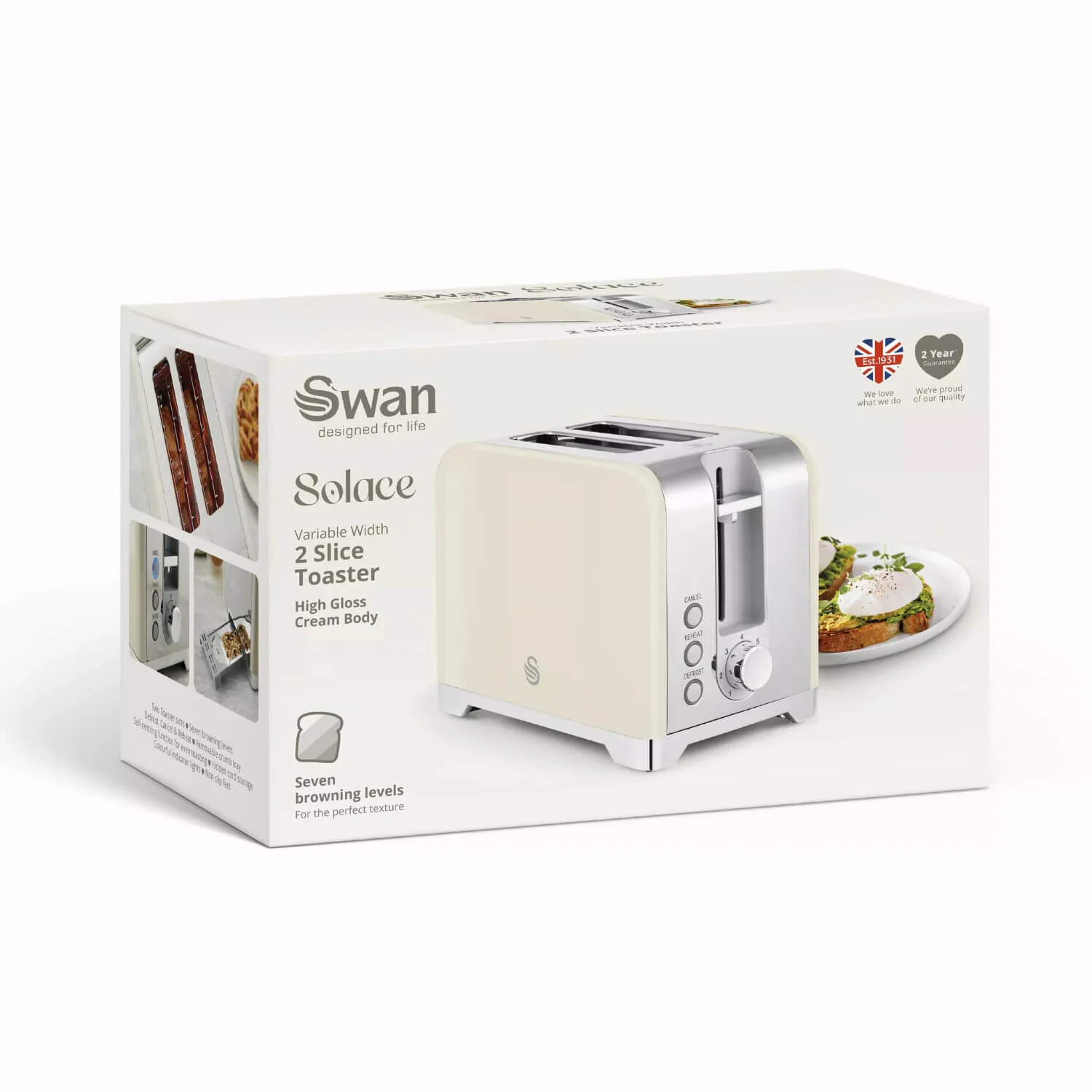 Swan Solace 2-Slice Stainless Steel Toaster - Gloss Cream - Image 7