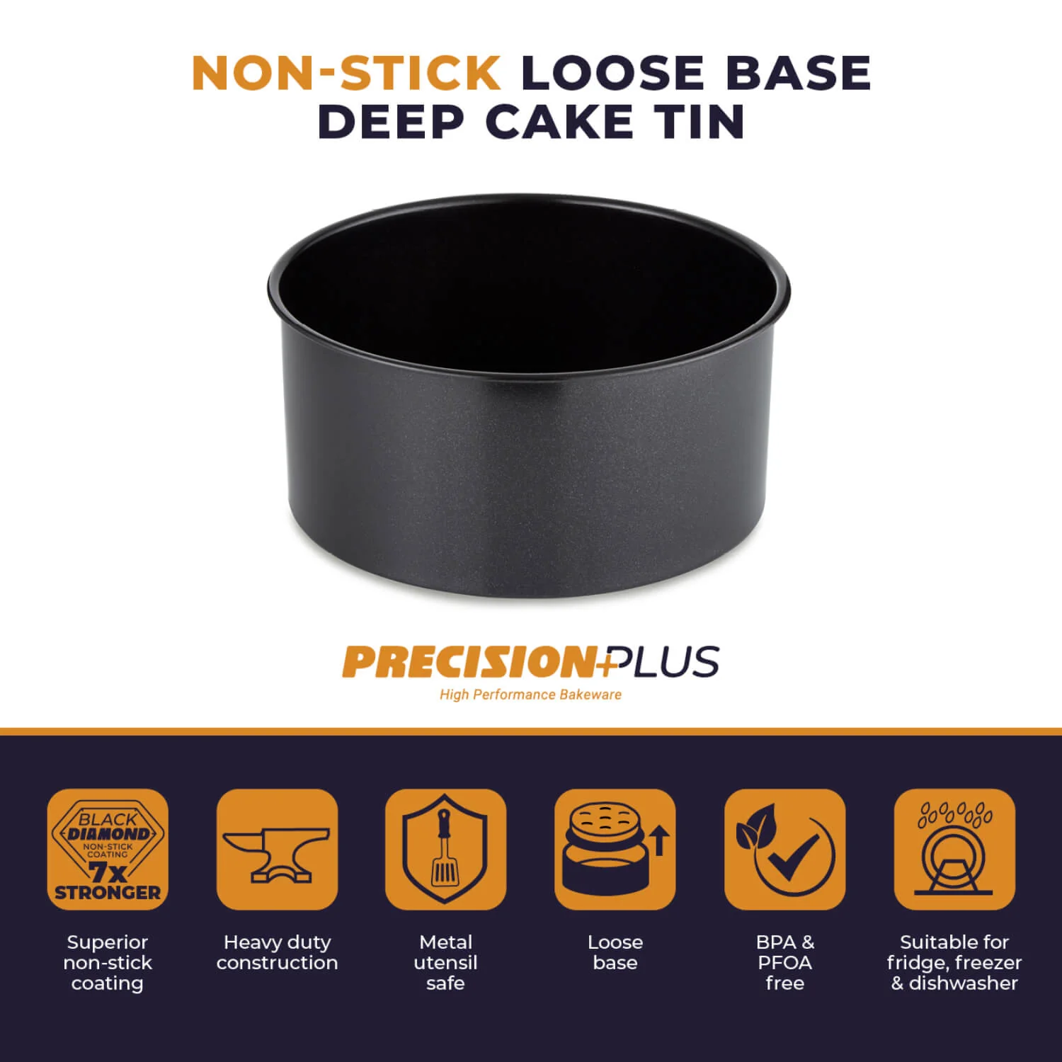 Tower Precision Plus Carbon Steel 20cm Round Non-Stick Loose Base Deep Cake Tin - Black - Image 6