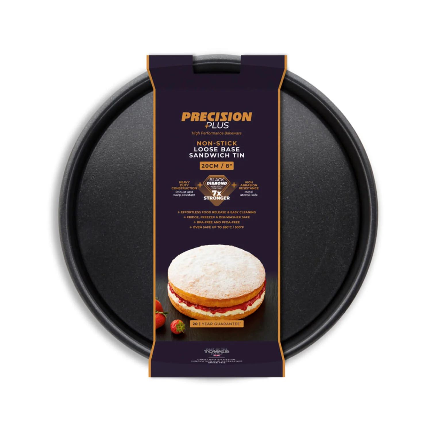 Tower Precision Plus Carbon Steel 20cm Round Non-Stick Loose Base Sandwich Tin - Black - Image 2