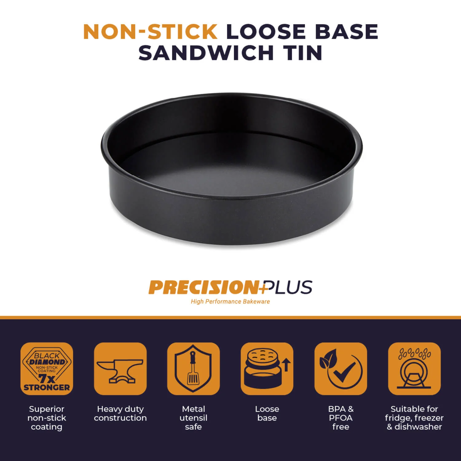 Tower Precision Plus Carbon Steel 20cm Round Non-Stick Loose Base Sandwich Tin - Black - Image 6
