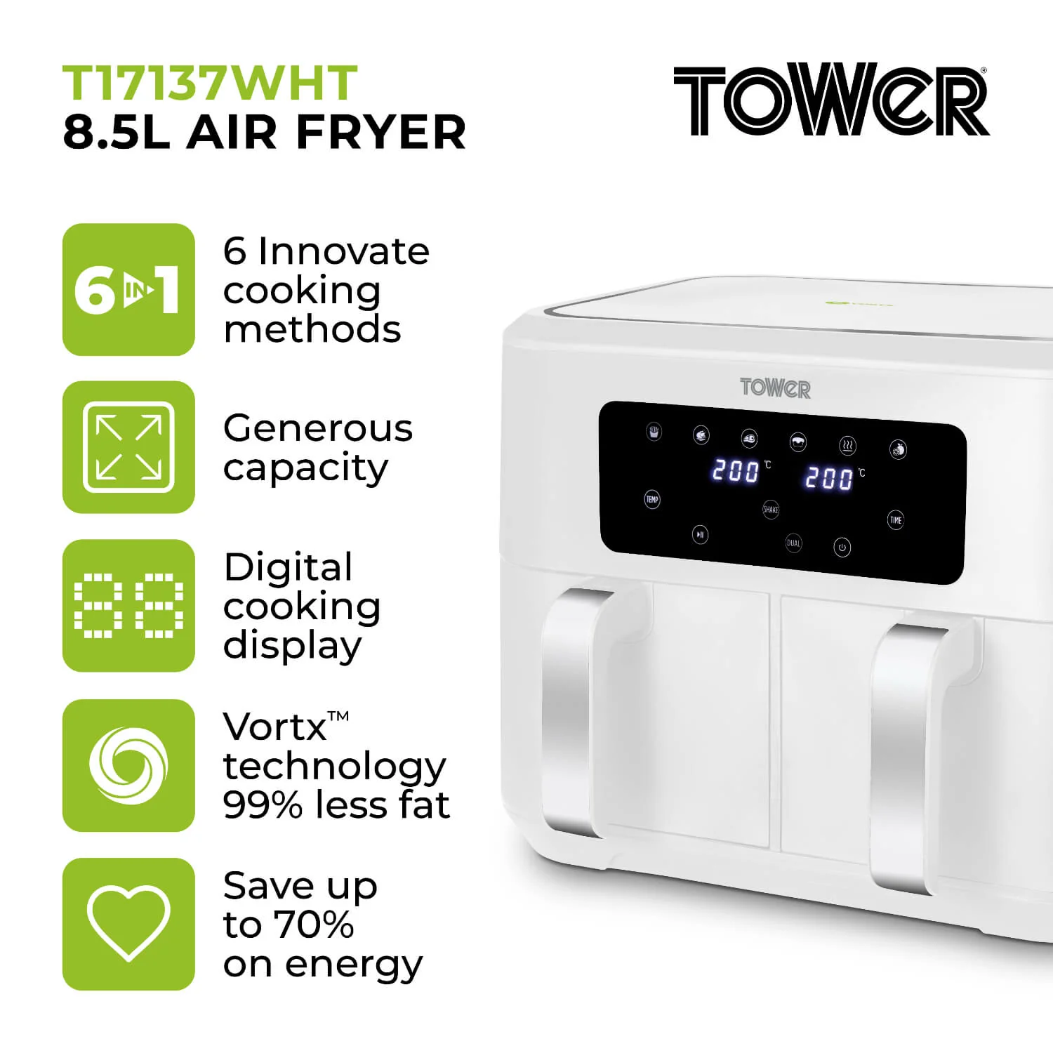 Tower T17137WHT Vortx 8.5L Dual Basket Digital Air Fryer - White - Image 5