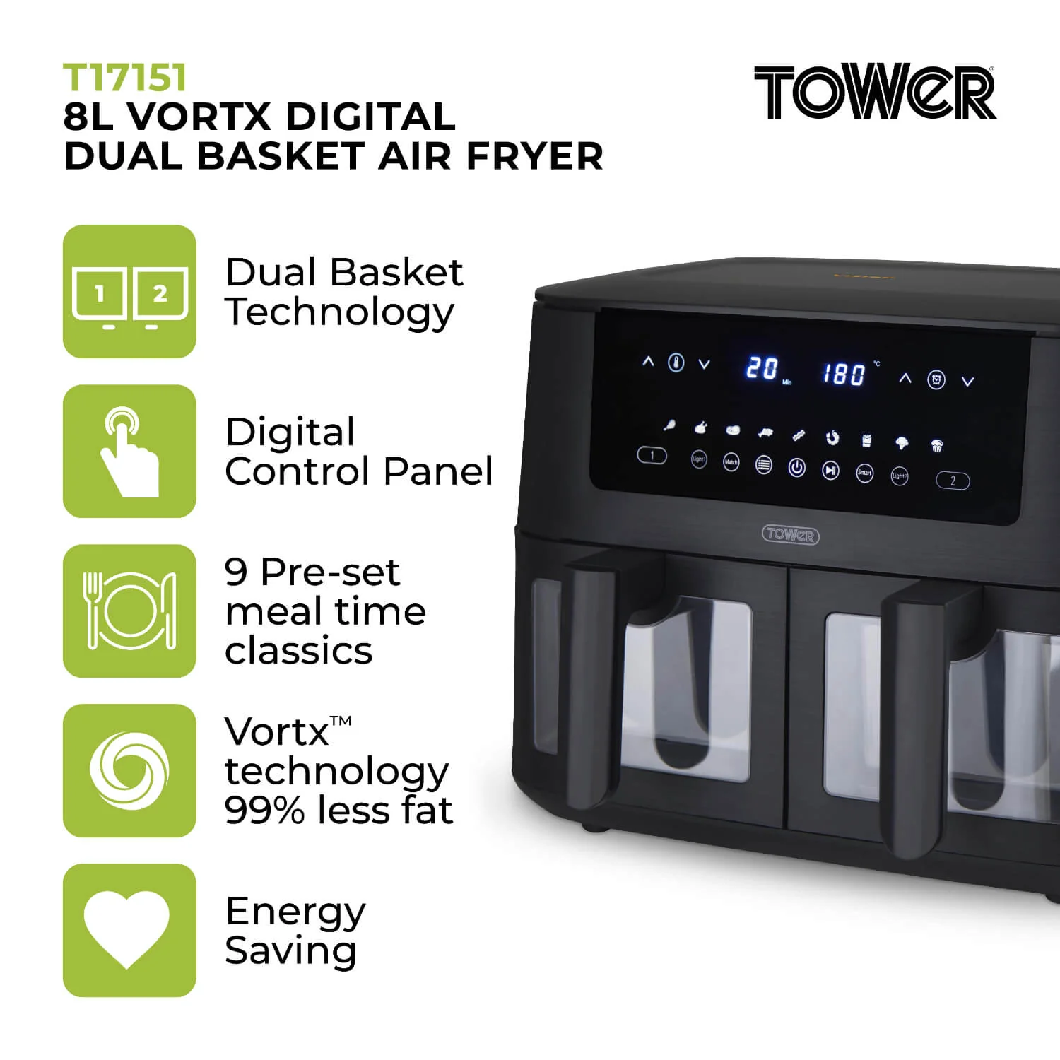 Tower T17151 Vortx 8L Vizion Dual Basket Digital Air Fryer - Black - Image 5