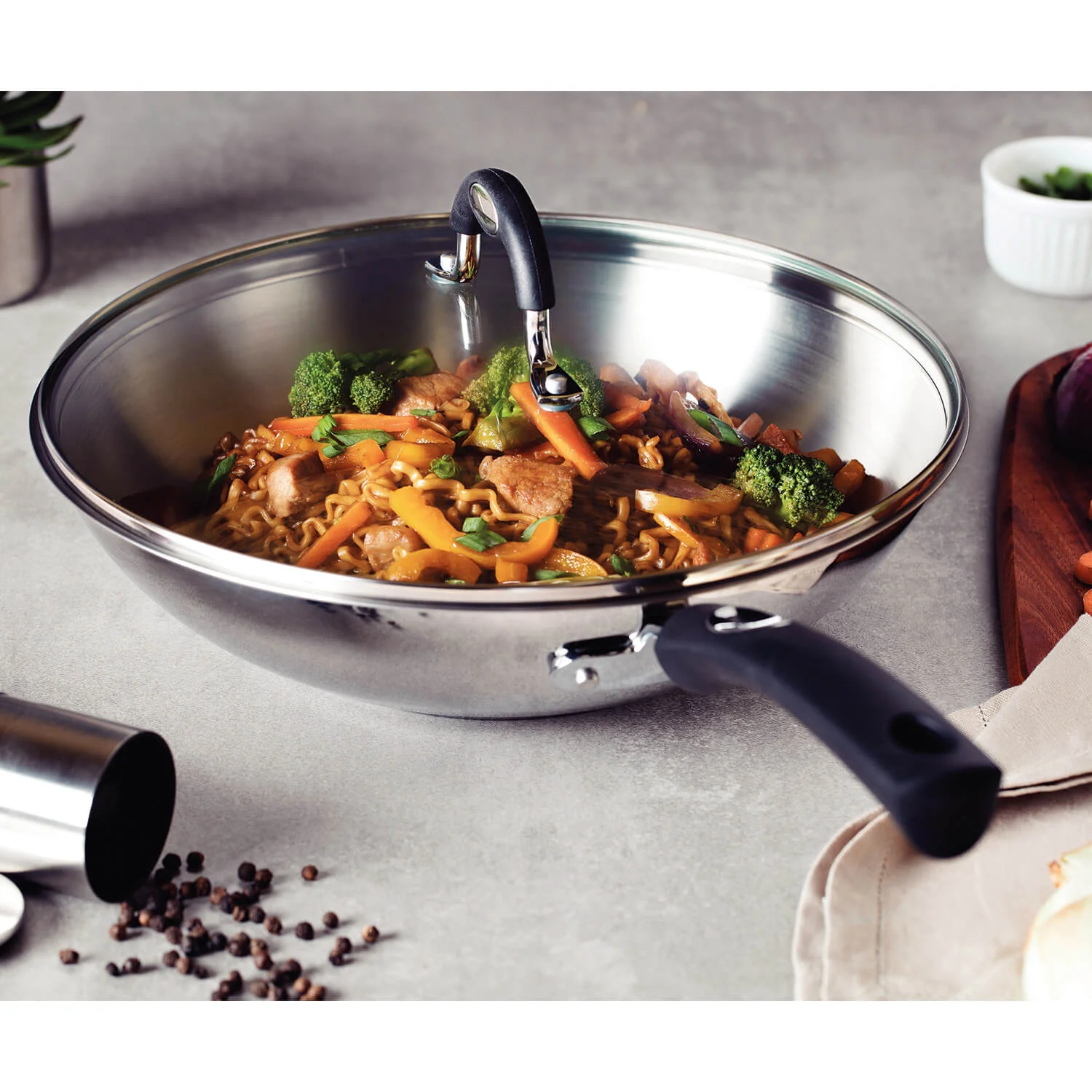 Tramontina 28cm Stainless Steel Wok with Glass Lid & Silicone Handle - Image 2