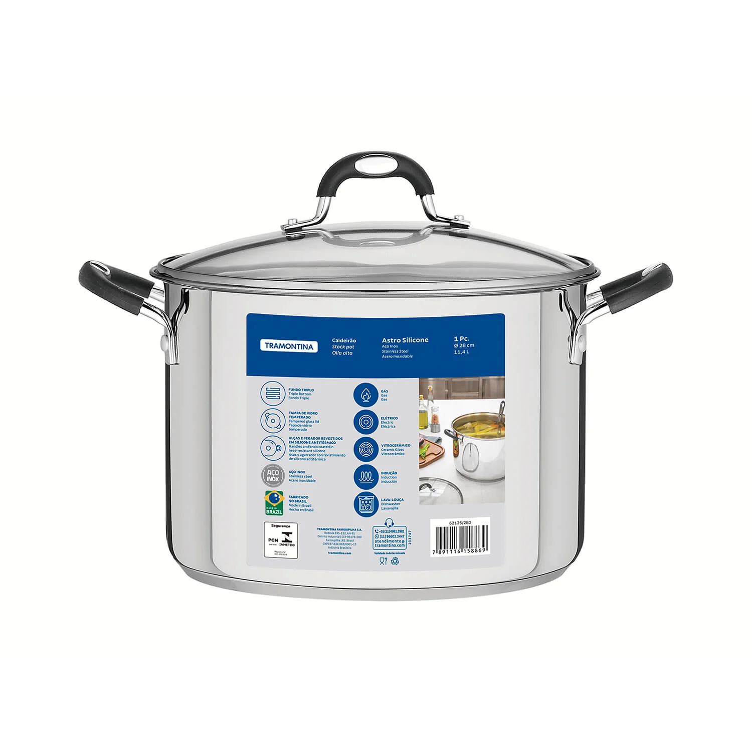 Tramontina Astro Silicone Stainless Steel Tri-Ply Stock Pot with Glass Lid - 28cm - Image 2